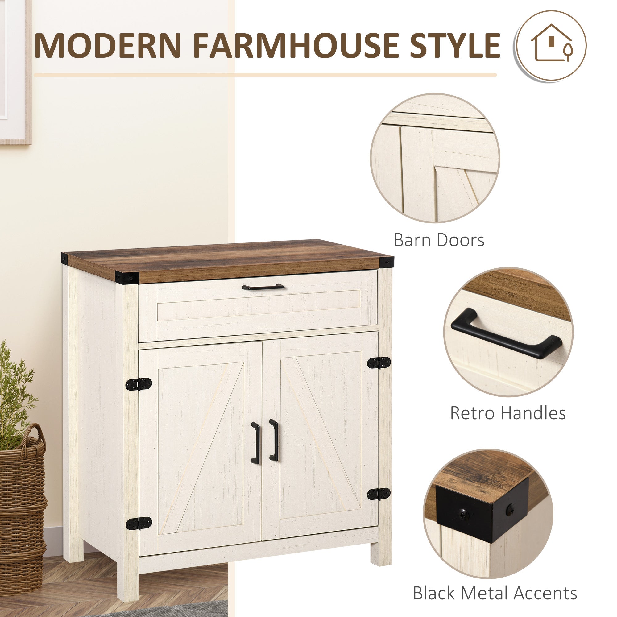 Farmhouse Sideboard, Storage Buffet Cabinet w/ 2 Barn Doors & Drawer, Distressed White - HOMCOM