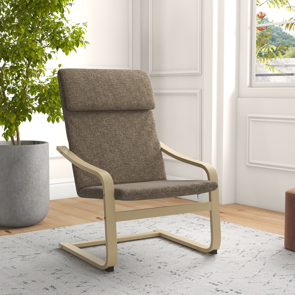 Modern Accent Chair, Linen-Feel Upholstered Living Room Chair with Wood Curved Legs and Wide Padded Seat for Balcony, Dark Brown