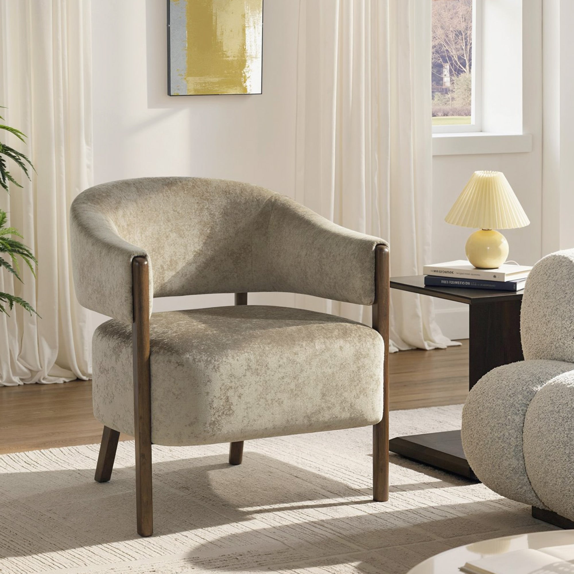 Accent Chair, Chenille Upholstered Tub Chair with Solid Wood Frame and Legs, Comfy Armchair for Living Room, Bedroom, Light Brown