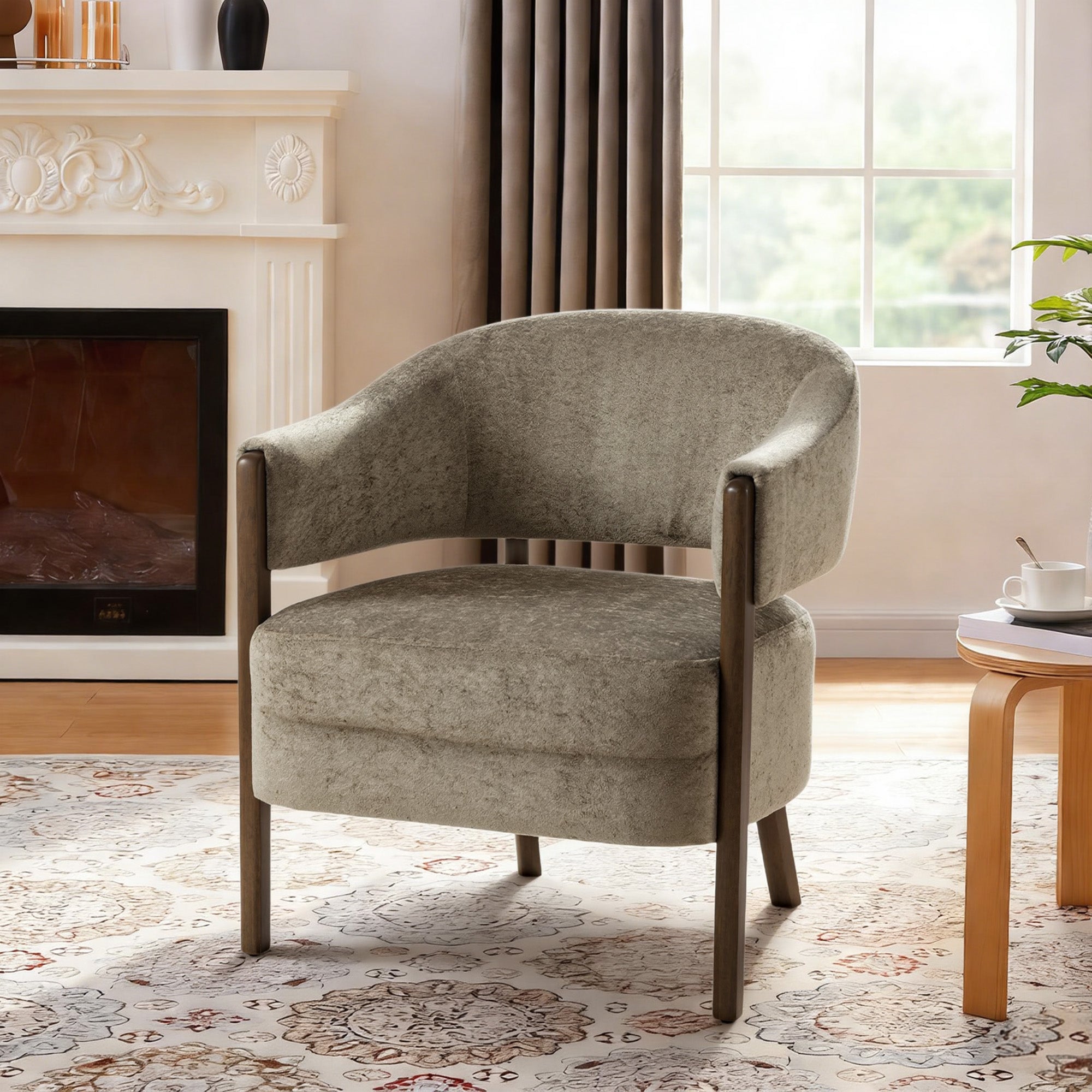 Accent Chair, Chenille Upholstered Tub Chair with Solid Wood Frame and Legs, Comfy Armchair for Living Room, Bedroom, Light Brown