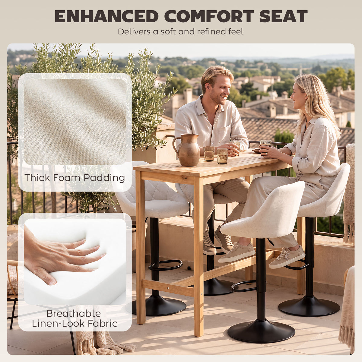 Bar Stools Set of 3, Swivel Counter Height Bar Stools with Backrest, Modern Adjustable Linen-Look Bar Chairs, Armless for Kitchen Island, Cream White