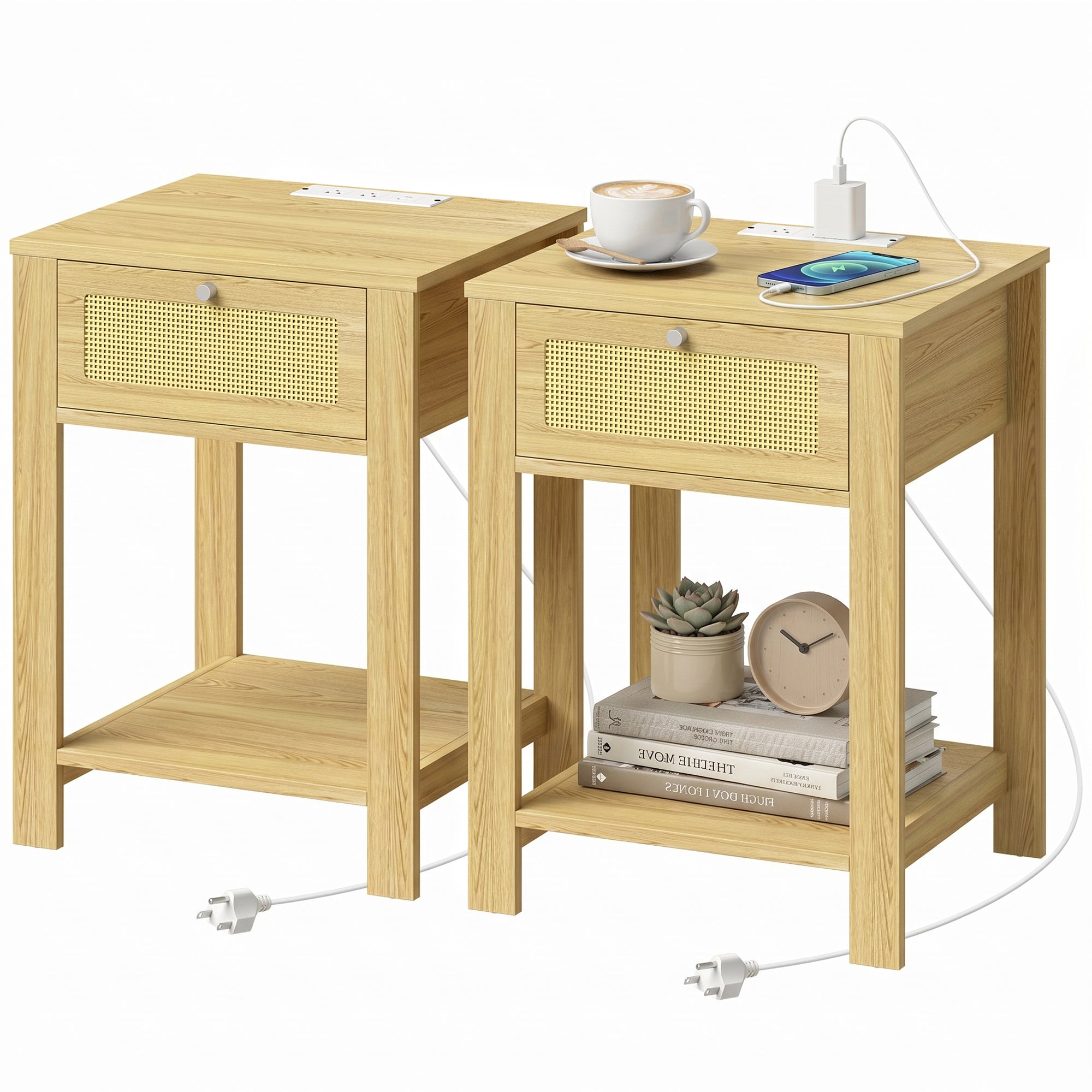 End Table Set of 2 with Charging Station, Bed Side Tables Set with Drawer, Open Storage Shelf, Rattan-Like Drawer Front, Modern Farmhouse for Living Room, Natural Wood