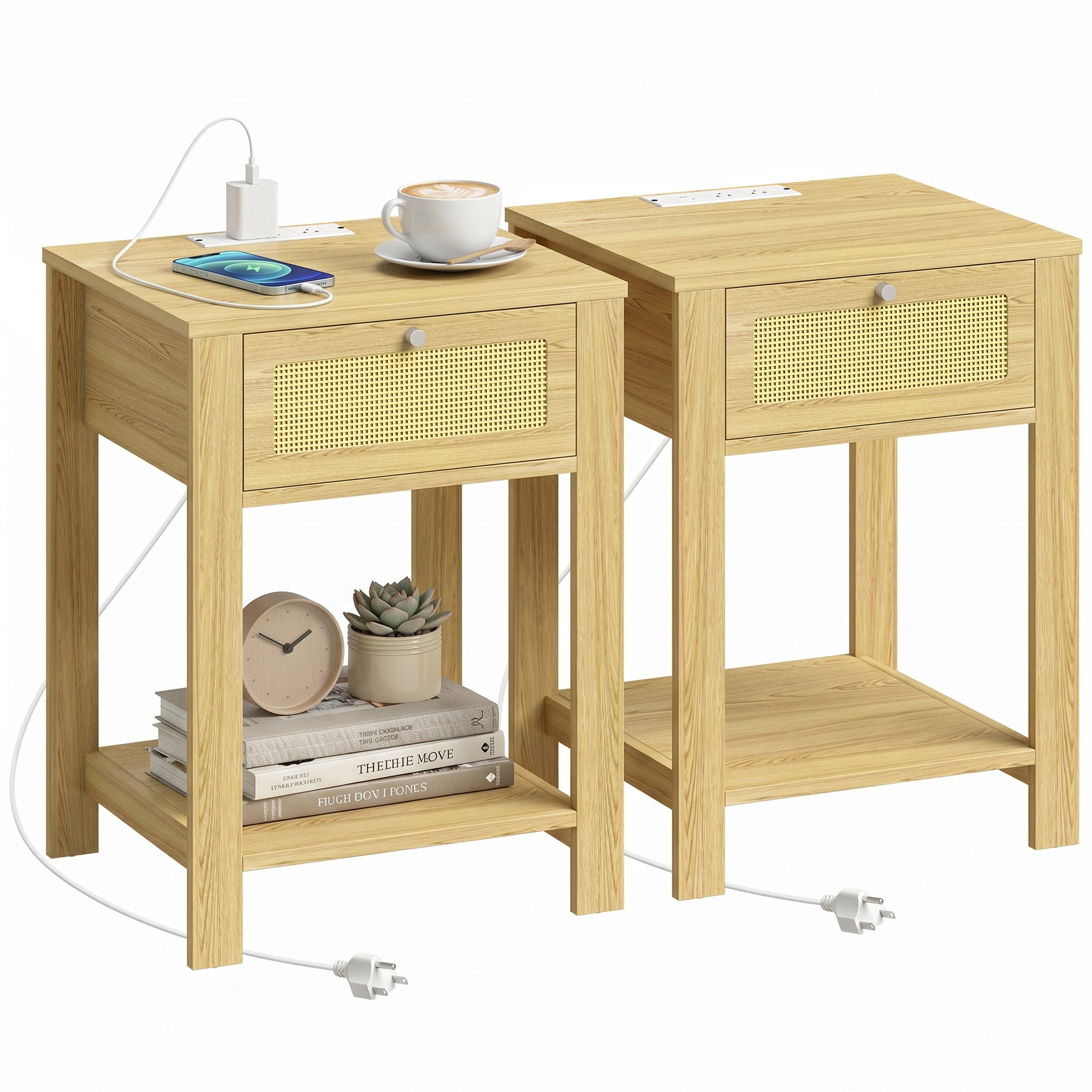 End Table Set of 2 with Charging Station, Bed Side Tables Set with Drawer, Open Storage Shelf, Rattan-Like Drawer Front, Modern Farmhouse for Living Room, Natural Wood