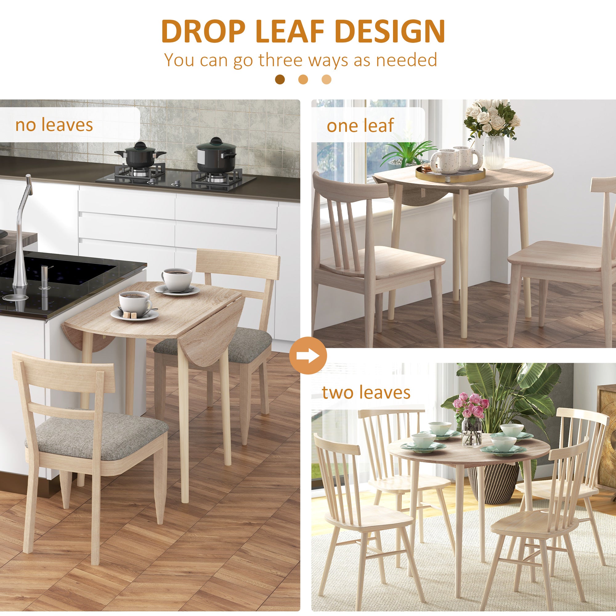 Folding Dining Table, Round Drop Leaf Kitchen Table w/ Wood Legs for Small Spaces, Oak