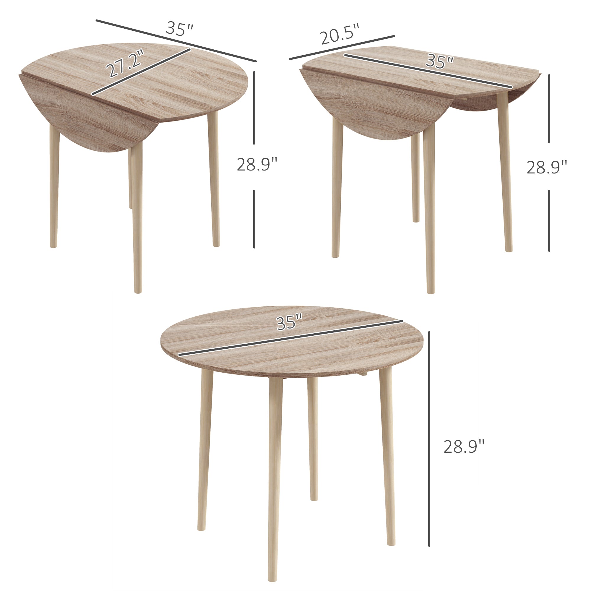 Folding Dining Table, Round Drop Leaf Kitchen Table w/ Wood Legs for Small Spaces, Oak