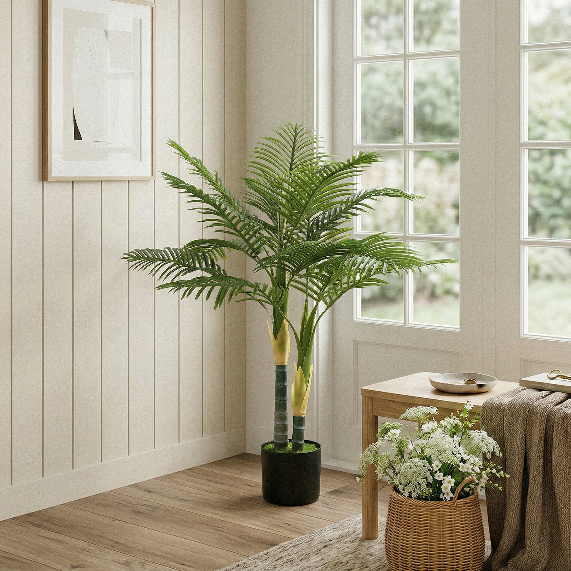 120cm Artificial Palm Tree with 14 PEVA Leaves, Decorative Artificial Plant with Pot and Moss Effect, Fake Plant for Home Office Decor, Green