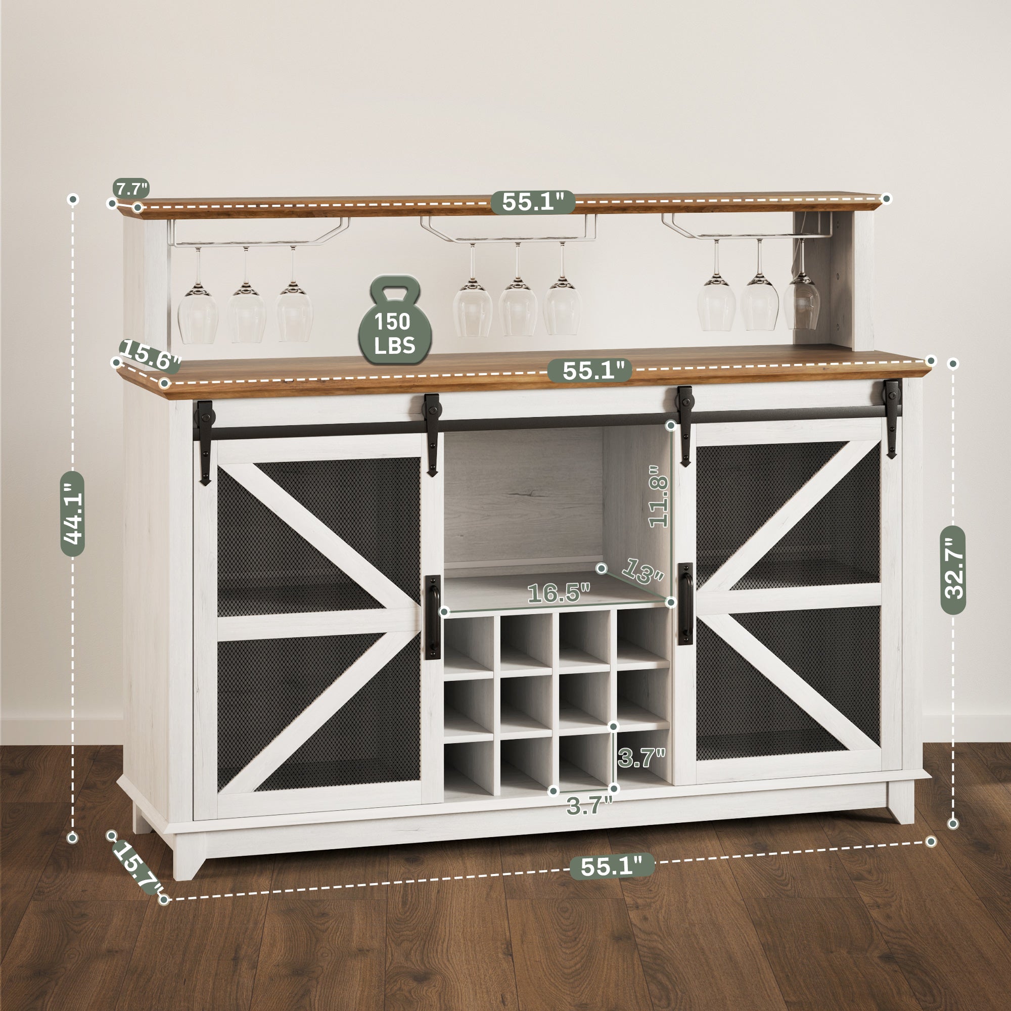 Farmhouse Coffee Bar Cabinet with Smart App Control LED Lights, 55" Wine Bar Cabinet with 12-Bottle Rack, Glass Holder, Kitchen Sideboard Buffet with Sliding Mesh Doors, Distressed White