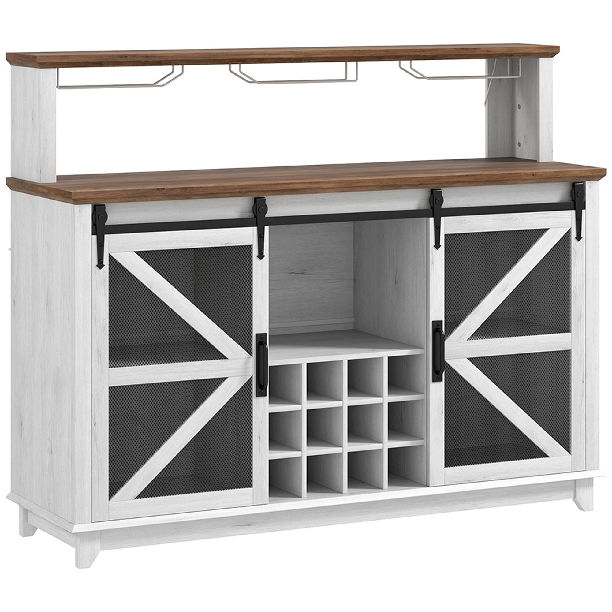 Farmhouse Coffee Bar Cabinet with Smart App Control LED Lights, 55" Wine Bar Cabinet with 12-Bottle Rack, Glass Holder, Kitchen Sideboard Buffet with Sliding Mesh Doors, Distressed White