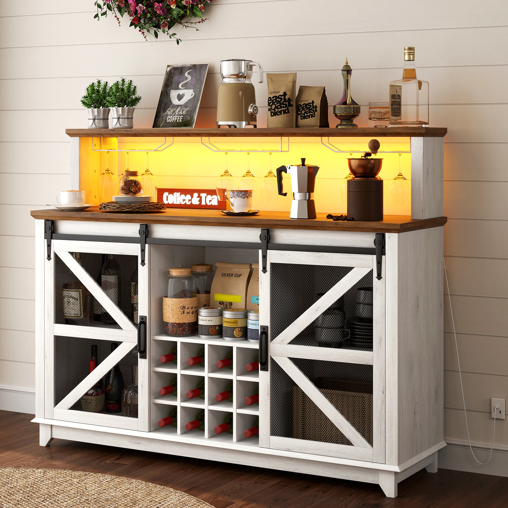 Farmhouse Coffee Bar Cabinet with Smart App Control LED Lights, 55" Wine Bar Cabinet with 12-Bottle Rack, Glass Holder, Kitchen Sideboard Buffet with Sliding Mesh Doors, Distressed White