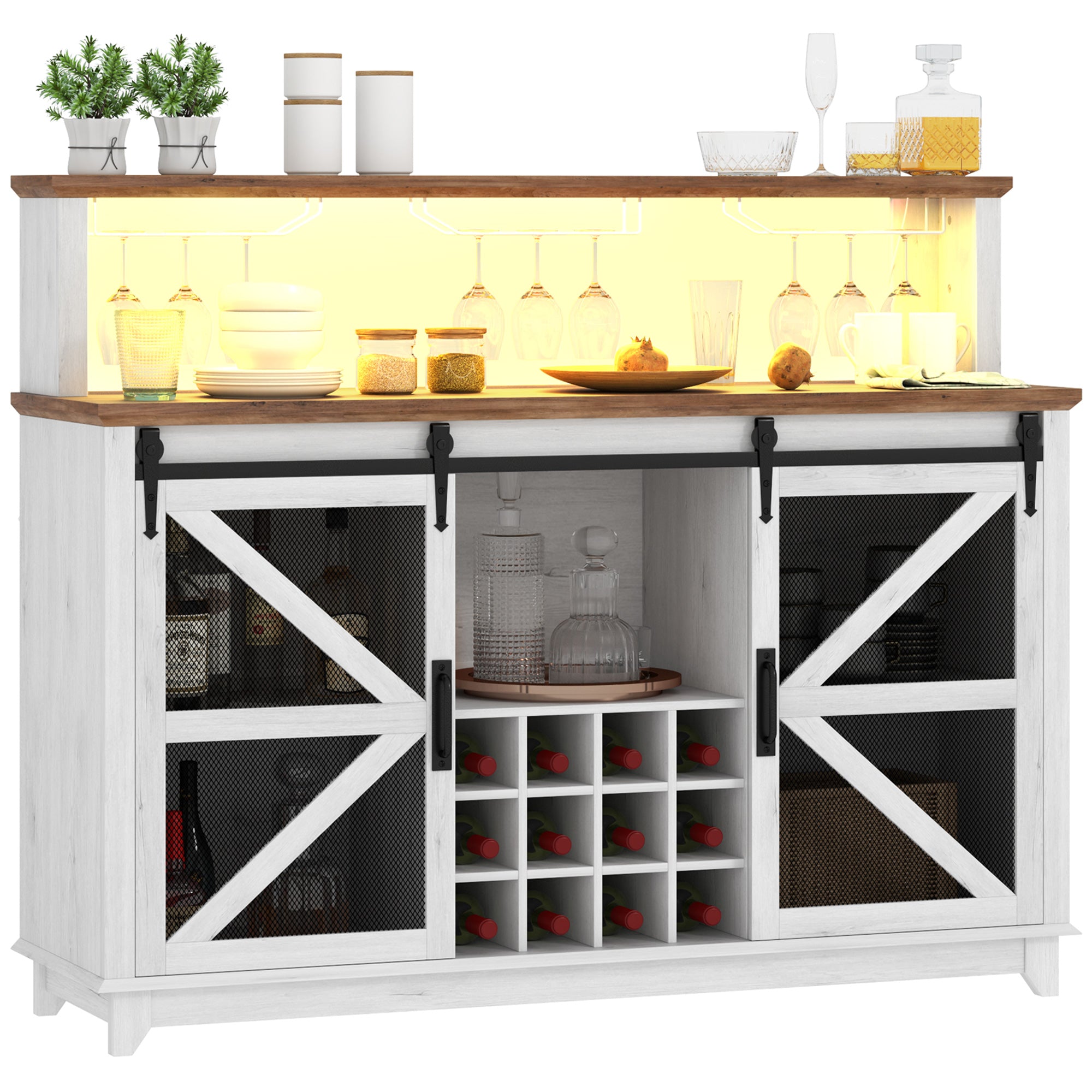Farmhouse Coffee Bar Cabinet with Smart App Control LED Lights, 55" Wine Bar Cabinet with 12-Bottle Rack, Glass Holder, Kitchen Sideboard Buffet with Sliding Mesh Doors, Distressed White