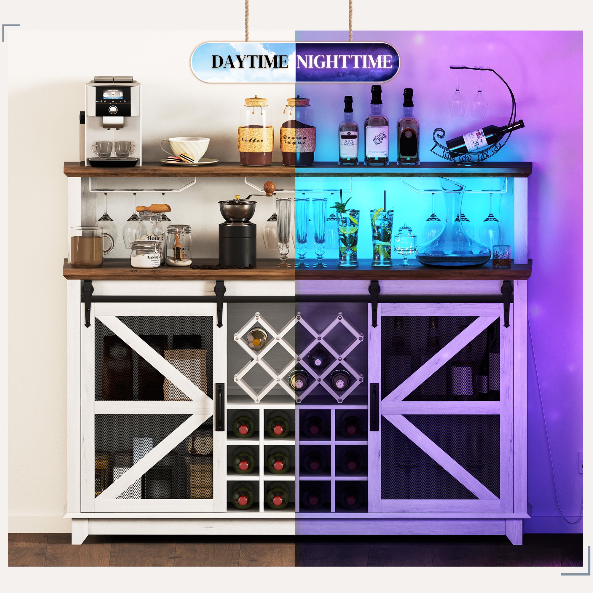 Farmhouse Coffee Bar Cabinet with Smart App Control LED Lights, 55" Wine Bar Cabinet with 12-Bottle Rack, Glass Holder, Kitchen Sideboard Buffet with Sliding Mesh Doors, Distressed White