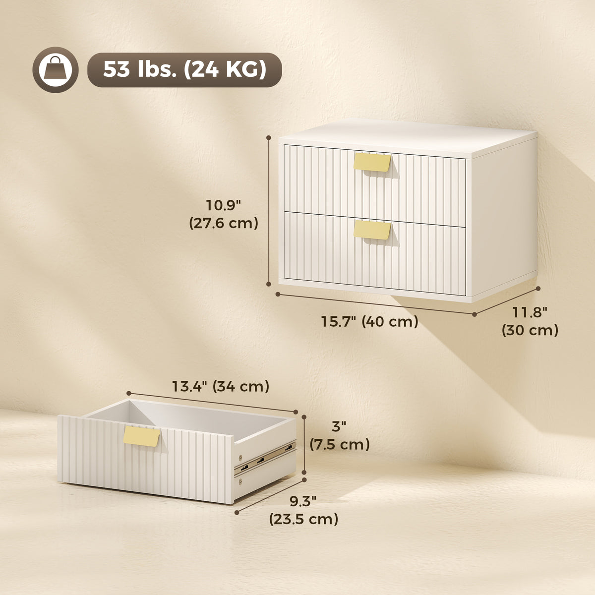 Modern Floating Nightstands Set of 2, Wall Mounted Narrow Bedside Tables with 2 Wave Drawers, Side End Tables for Bedroom or Living Room, White
