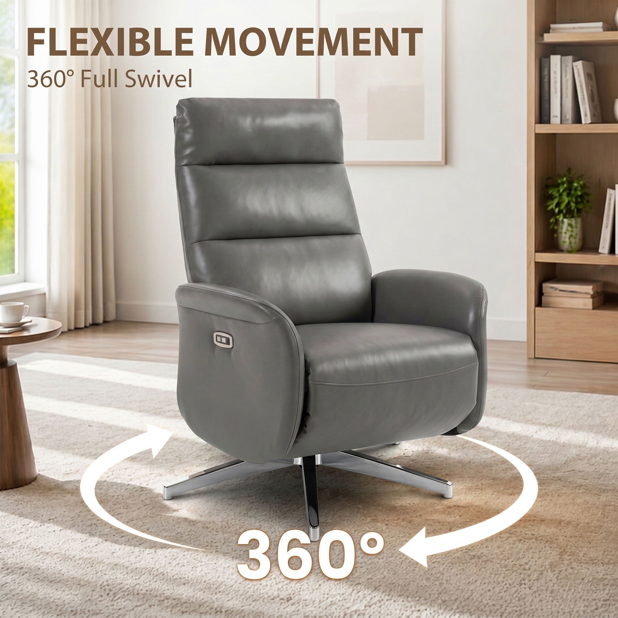 Electric Recliner Armchair, PU Leather Swivel Recliner Chair with Type C+USB, 160° Reclining Chair with Adjustable Leg Rest for Home Living Room Theater, Dark Grey