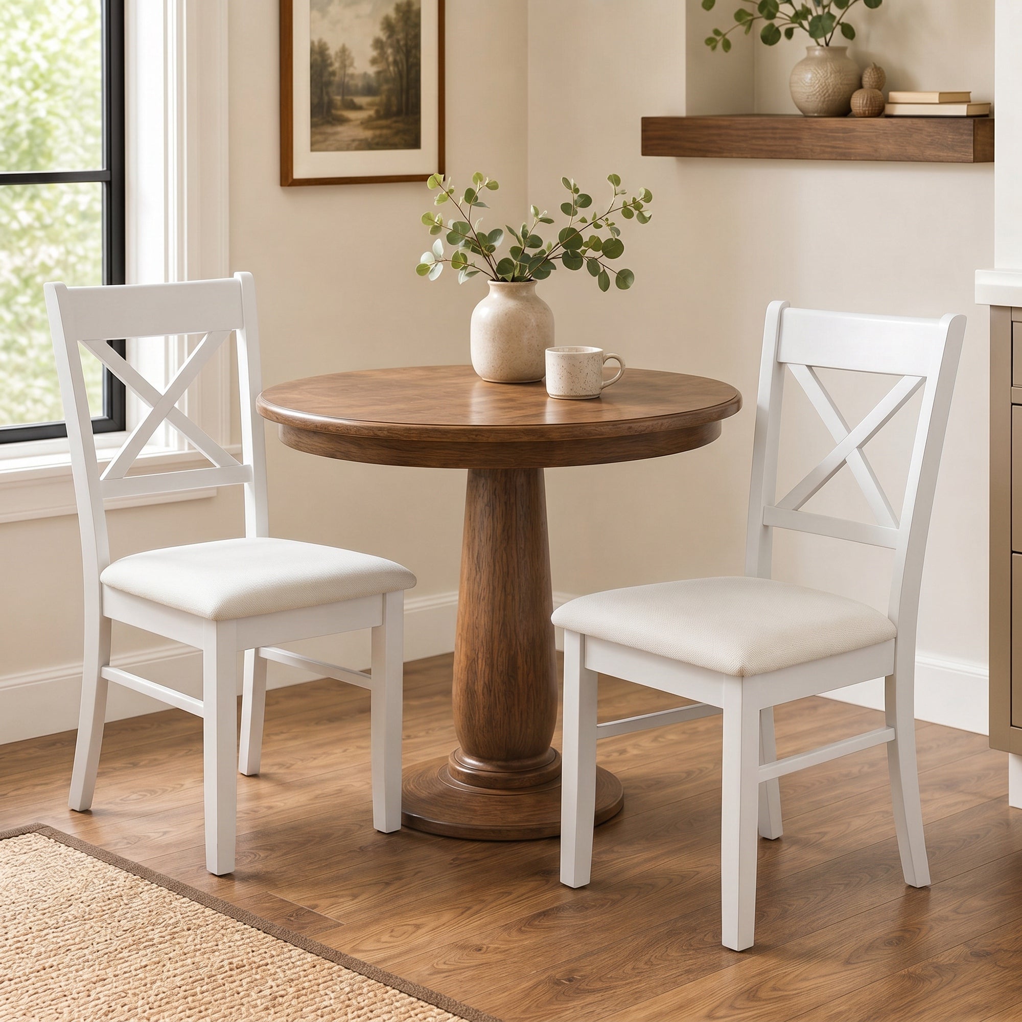Dining Chairs Set of 2, Upholstered Kitchen Chairs with Rubberwood Frame, Padded Seat and X-Back for Living Room, Dining Room, Kitchen, White