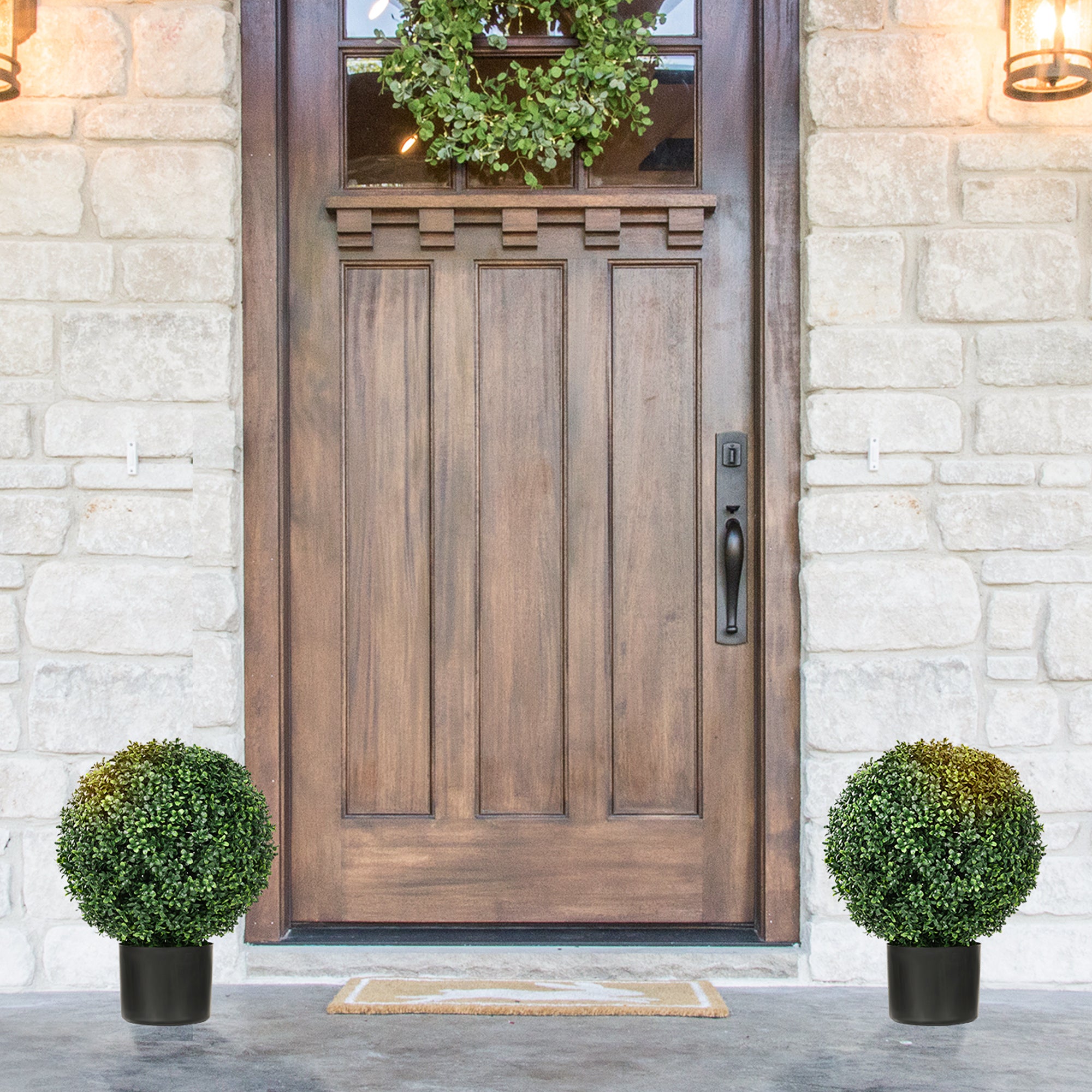 20.5" Artificial Tree, Ball Boxwood Topiary with Pot, Indoor Outdoor Home Decor, Green