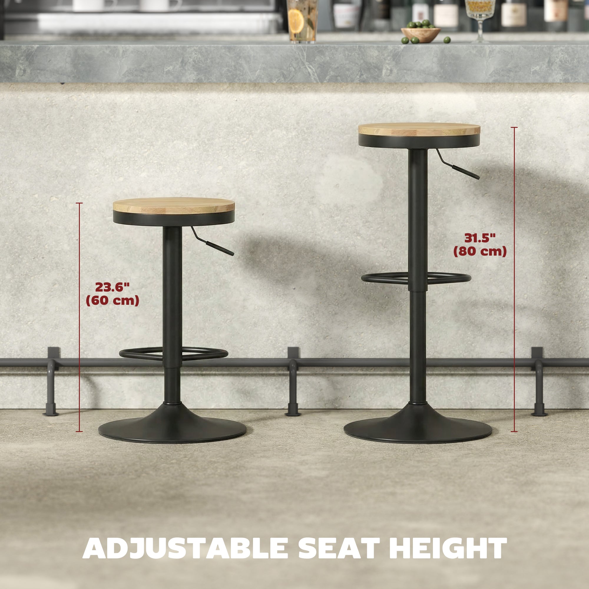 Wooden Bar Stools Set of 2, Adjustable Swivel Barstools with Rubber Wood Seat, Modern Bar Chairs for Kitchen Counter, Breakfast Island, Natural Wood and Black