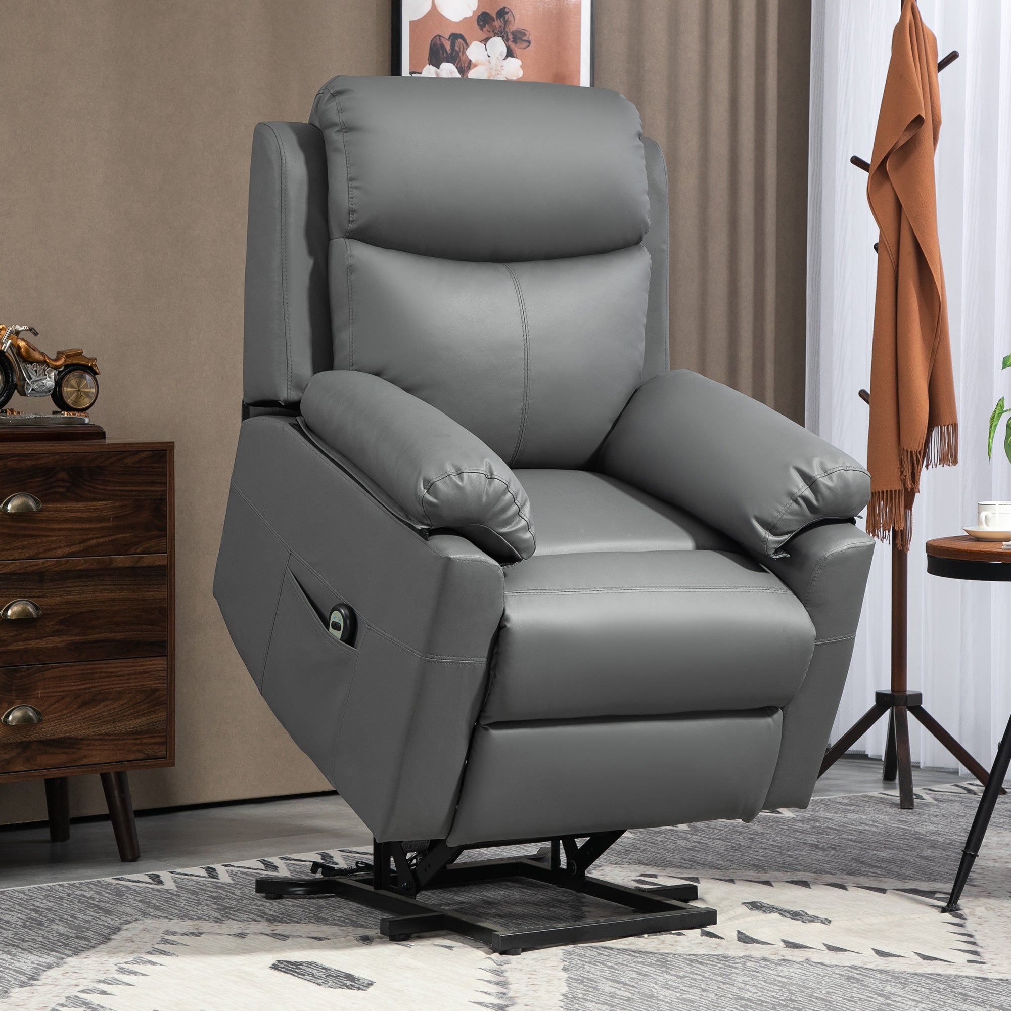 HOMCOM Power Lift Recliner Chair, Electric Lift Chair for Elderly, Overstuffed Faux Leather Riser and Reclining Armchair with Remote Control, Side Pockets, for Living Room, Charcoal Grey