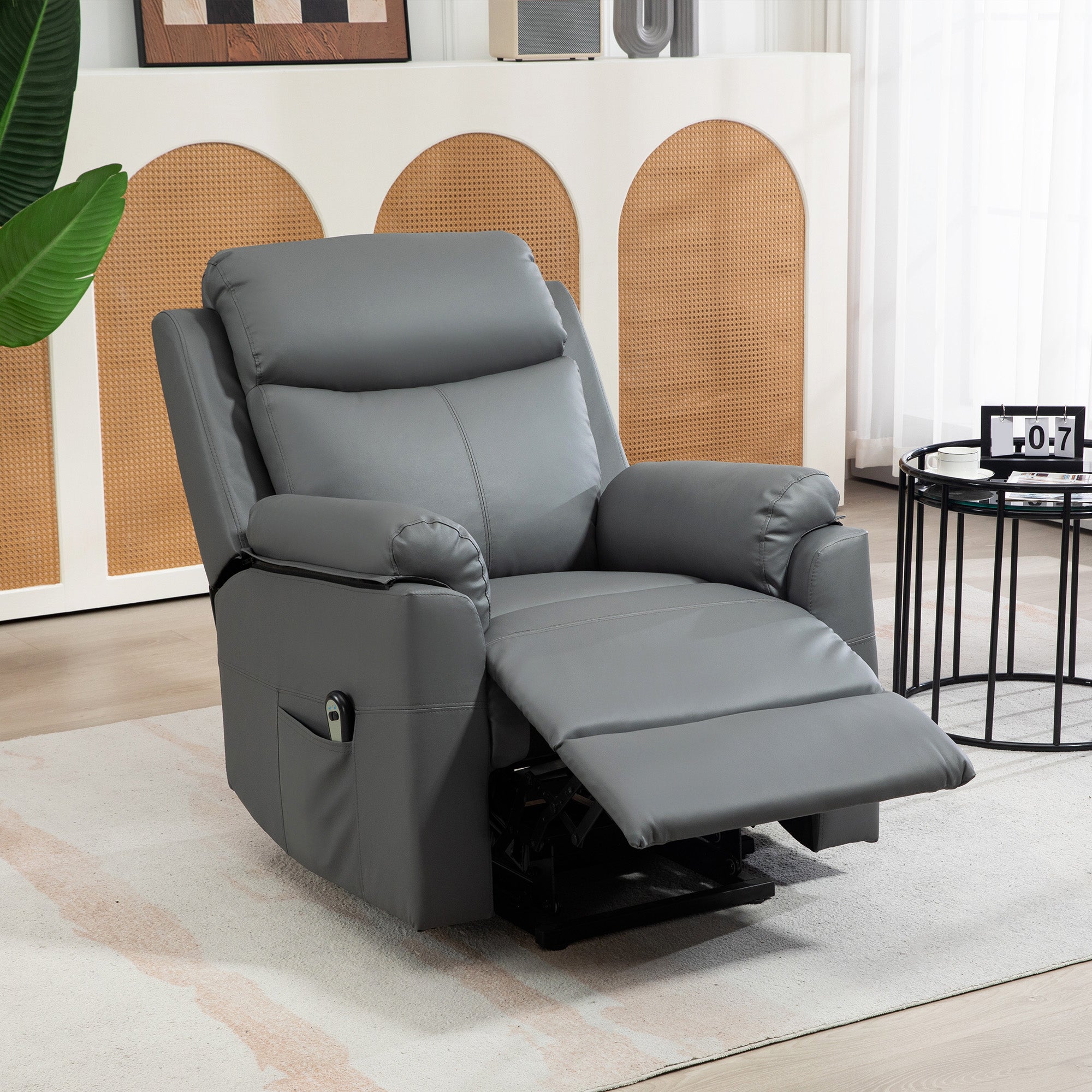 HOMCOM Power Lift Recliner Chair, Electric Lift Chair for Elderly, Overstuffed Faux Leather Riser and Reclining Armchair with Remote Control, Side Pockets, for Living Room, Charcoal Grey