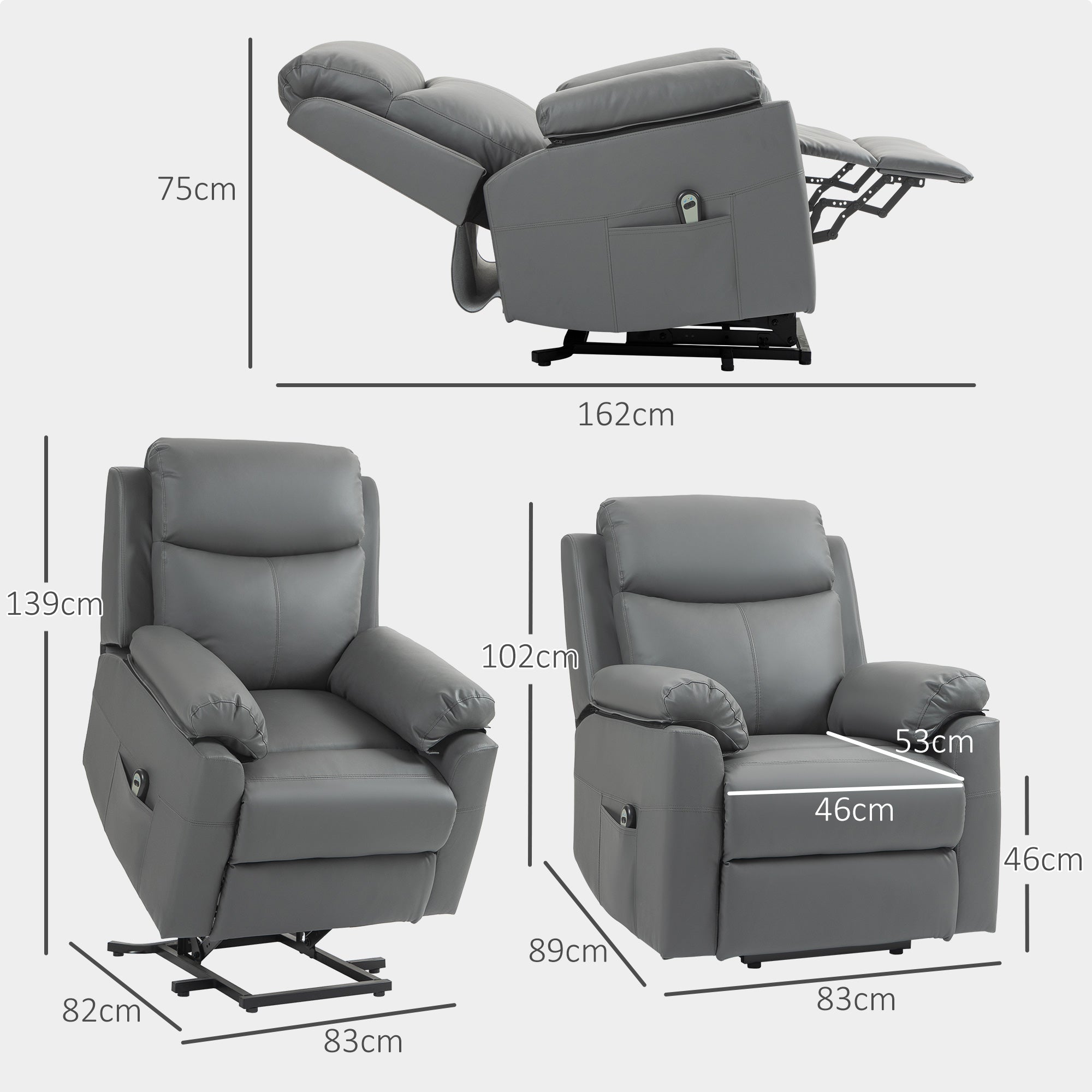HOMCOM Power Lift Recliner Chair, Electric Lift Chair for Elderly, Overstuffed Faux Leather Riser and Reclining Armchair with Remote Control, Side Pockets, for Living Room, Charcoal Grey