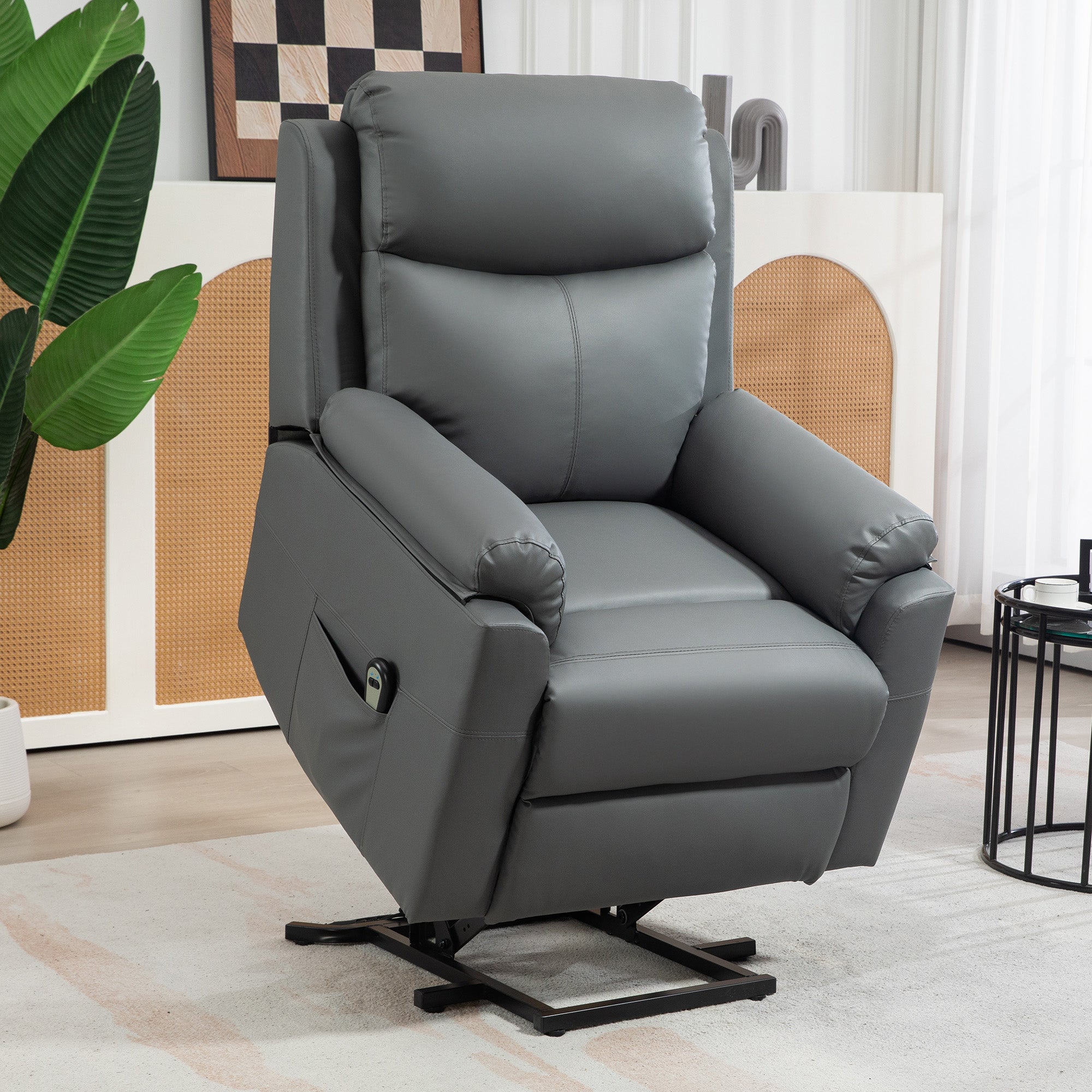 HOMCOM Power Lift Recliner Chair, Electric Lift Chair for Elderly, Overstuffed Faux Leather Riser and Reclining Armchair with Remote Control, Side Pockets, for Living Room, Charcoal Grey