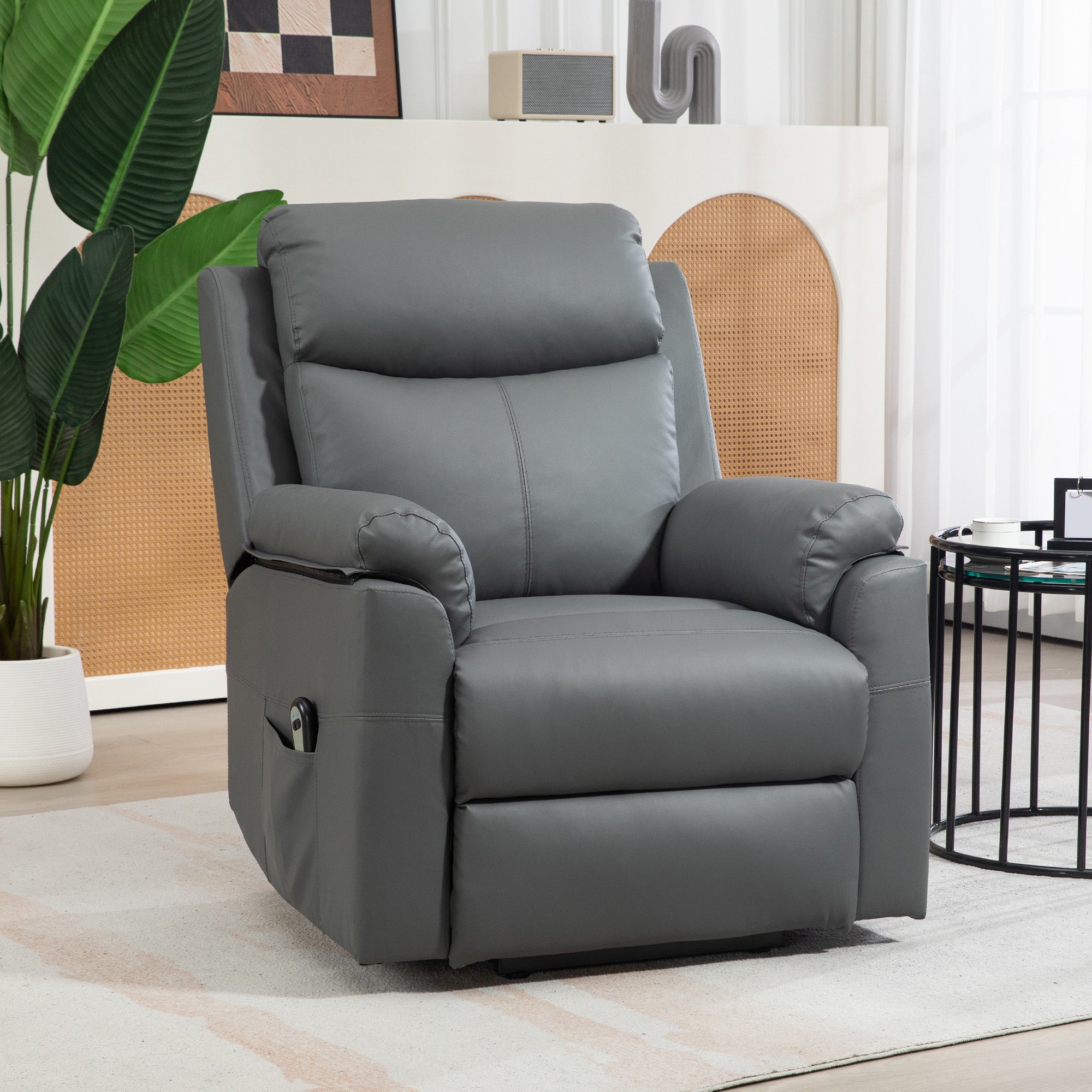 HOMCOM Power Lift Recliner Chair, Electric Lift Chair for Elderly, Overstuffed Faux Leather Riser and Reclining Armchair with Remote Control, Side Pockets, for Living Room, Charcoal Grey