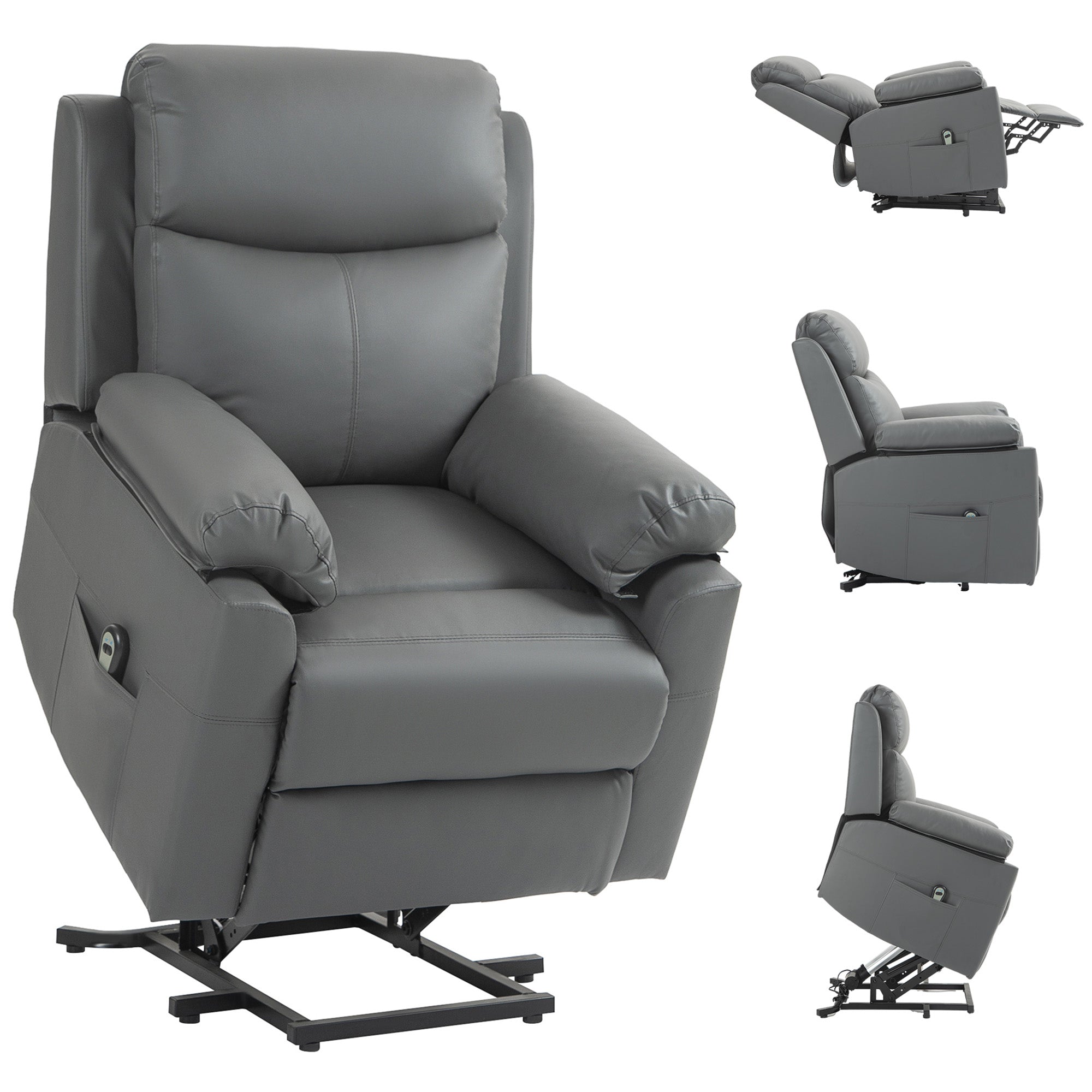 HOMCOM Power Lift Recliner Chair, Electric Lift Chair for Elderly, Overstuffed Faux Leather Riser and Reclining Armchair with Remote Control, Side Pockets, for Living Room, Charcoal Grey