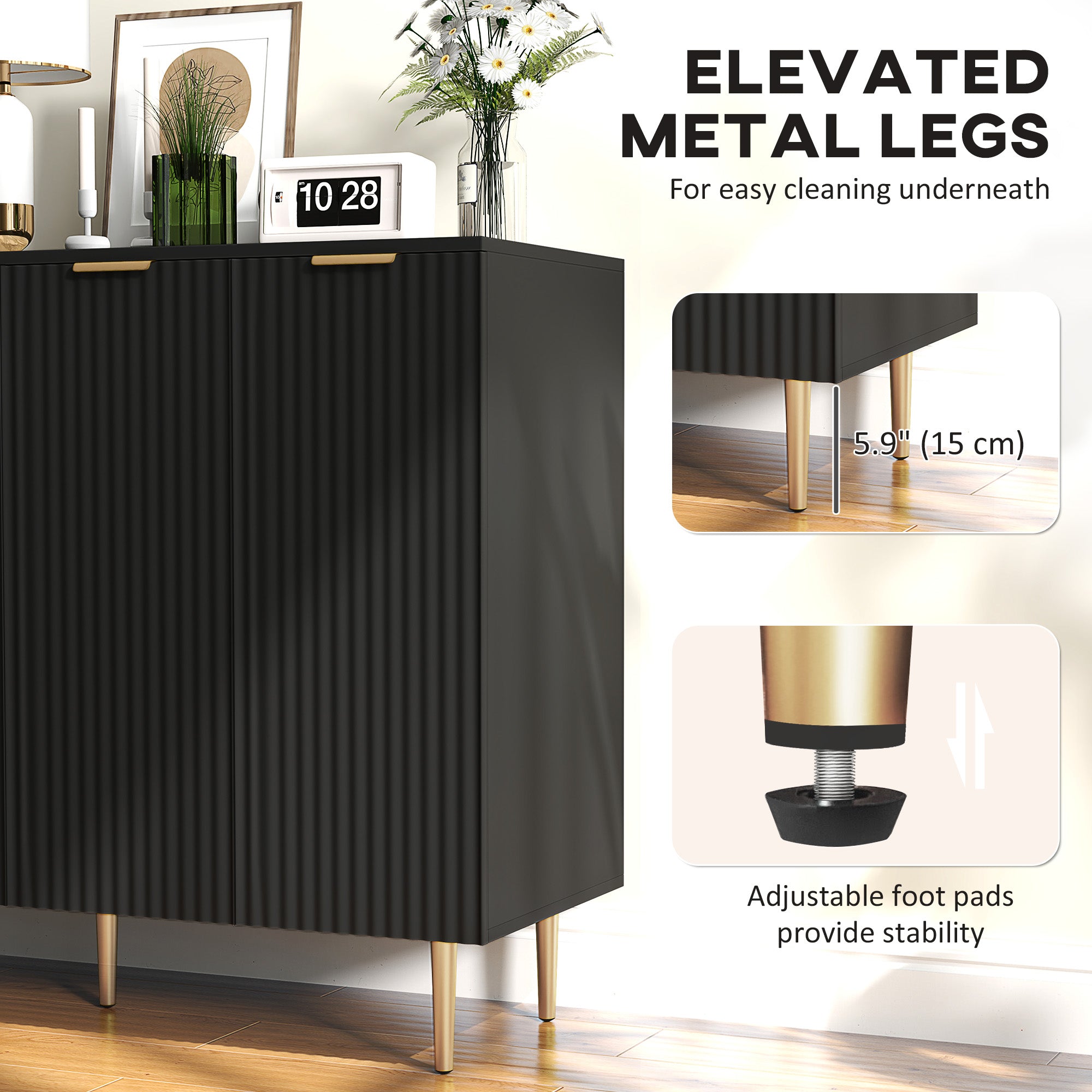 HOMCOM Sideboard Buffet Cabinet, Modern Kitchen Storage Cabinet with 4 Doors and Adjustable Shelves, Pantry Cabinet with Metal Legs for Hallway, Black