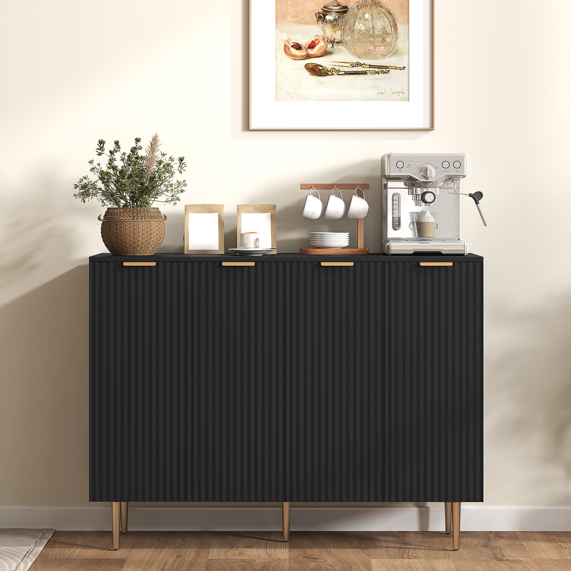 HOMCOM Sideboard Buffet Cabinet, Modern Kitchen Storage Cabinet with 4 Doors and Adjustable Shelves, Pantry Cabinet with Metal Legs for Hallway, Black