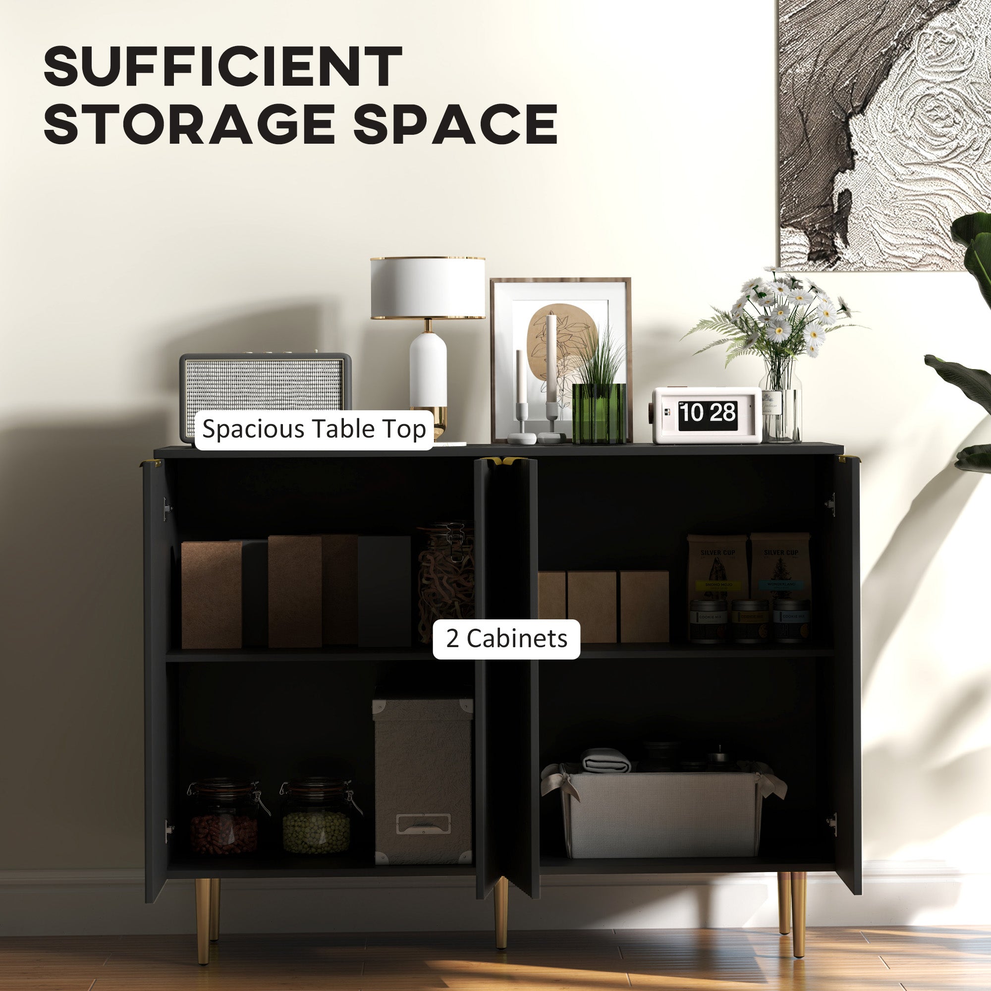 HOMCOM Sideboard Buffet Cabinet, Modern Kitchen Storage Cabinet with 4 Doors and Adjustable Shelves, Pantry Cabinet with Metal Legs for Hallway, Black