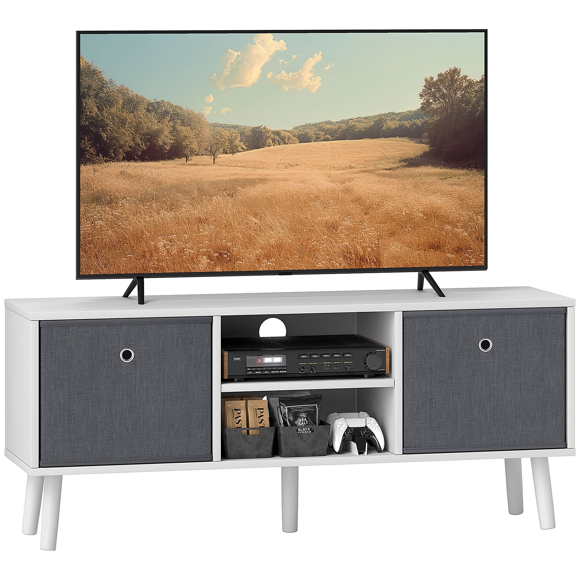 HOMCOM TV Cabinet Stand Unit for TVs up to 50" Flat Screen with Foldable Drawers and Shelves, Entertainment Centre for Living Room, Bedroom White and Grey