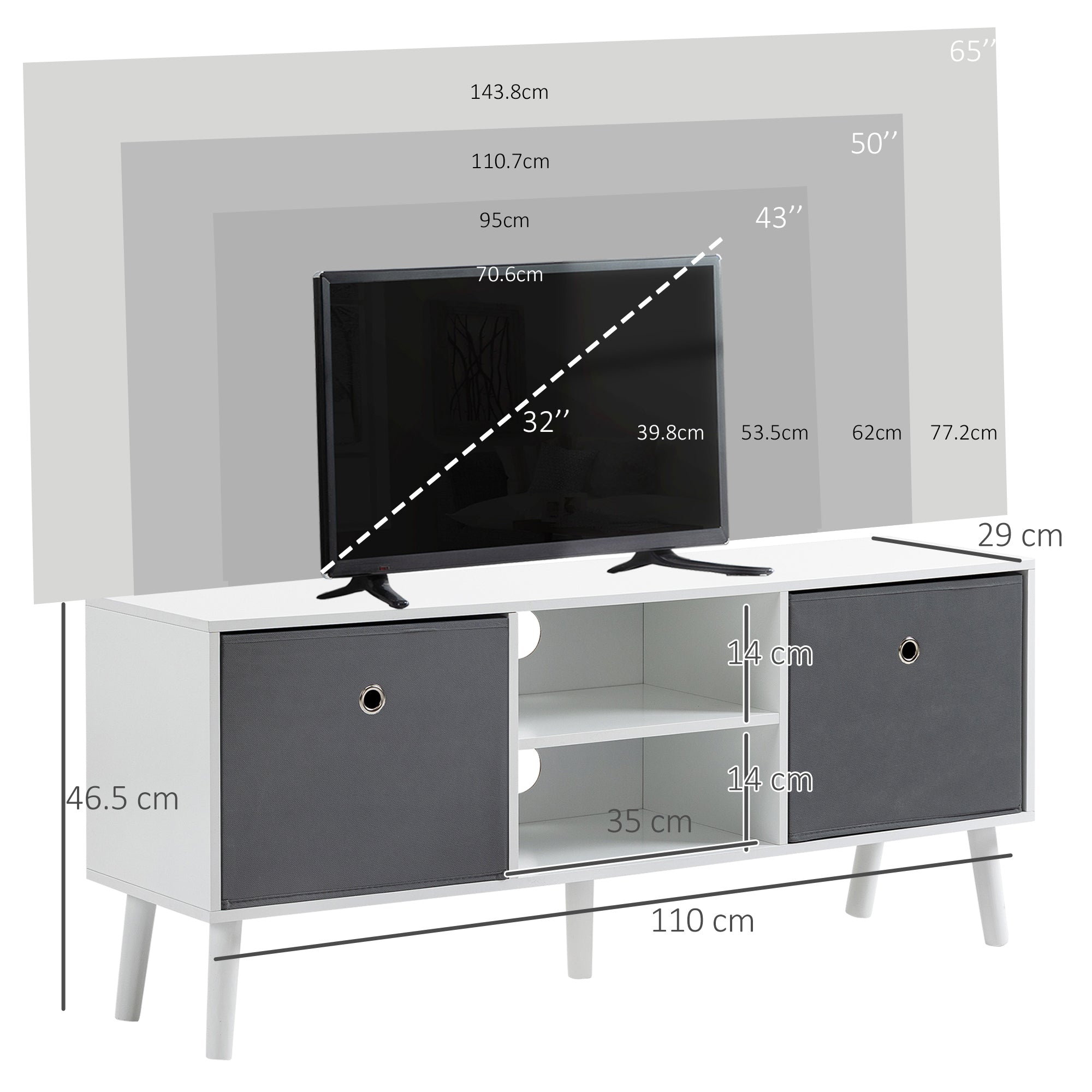HOMCOM TV Cabinet Stand Unit for TVs up to 50" Flat Screen with Foldable Drawers and Shelves, Entertainment Centre for Living Room, Bedroom White and Grey