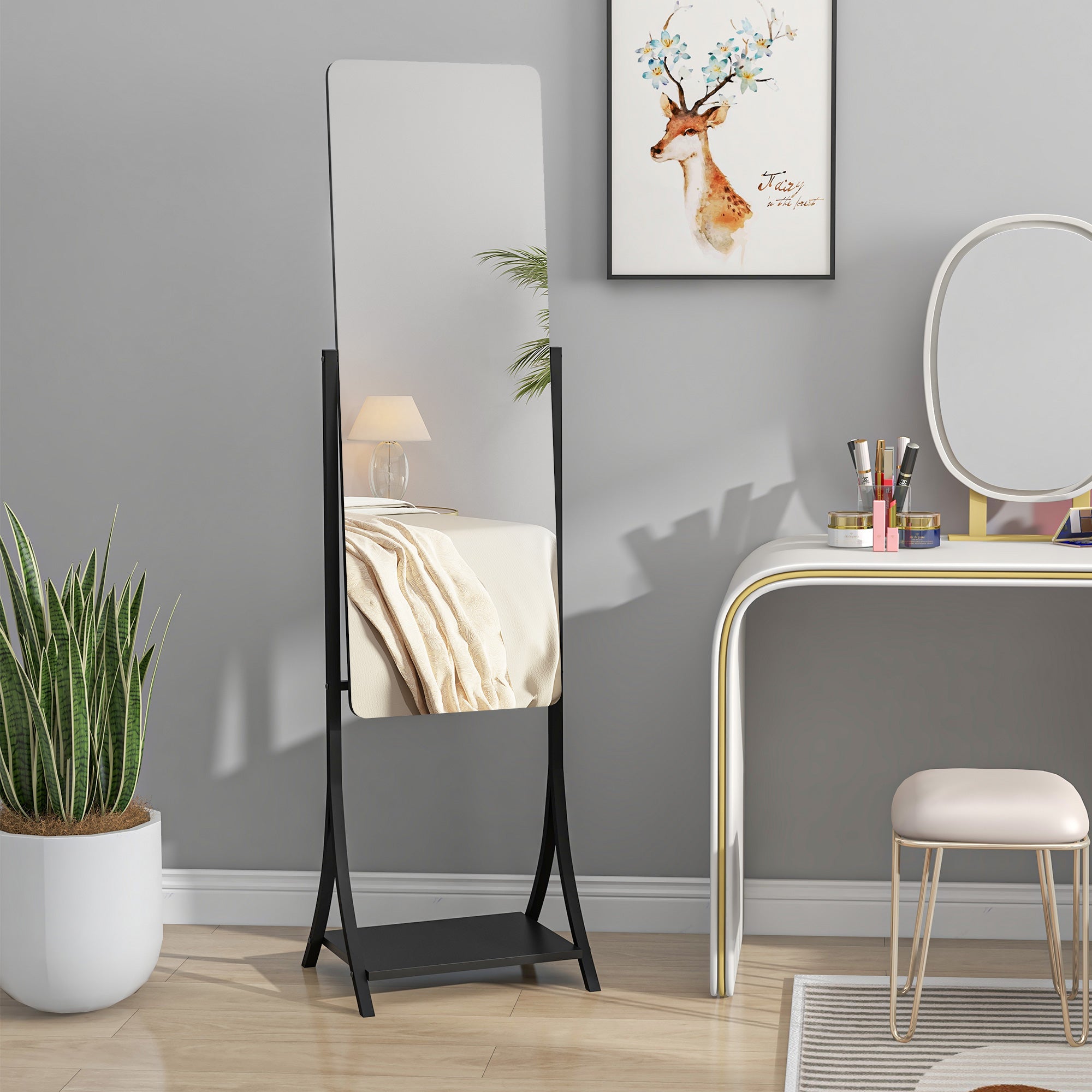 HOMCOM Full Length Mirror, Free Standing Floor Mirror, Full Body Mirror with Adjustable Angle and Storage Shelf for Living Room, Bedroom, Hallway, 108 x 37cm, Black