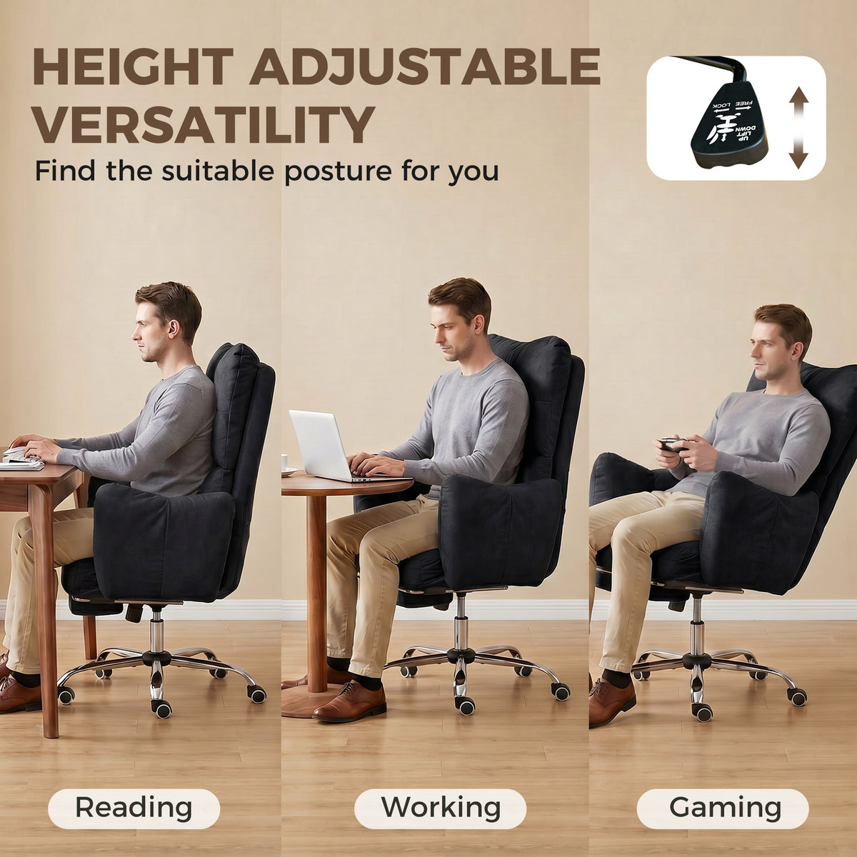 Office Chair with Foot Rest, Ergonomic Reclining Computer Gaming Chair with Snow Flannel Fabric, Thick Cushion, Padded Armrest, High Back and Adjustable Height, Black