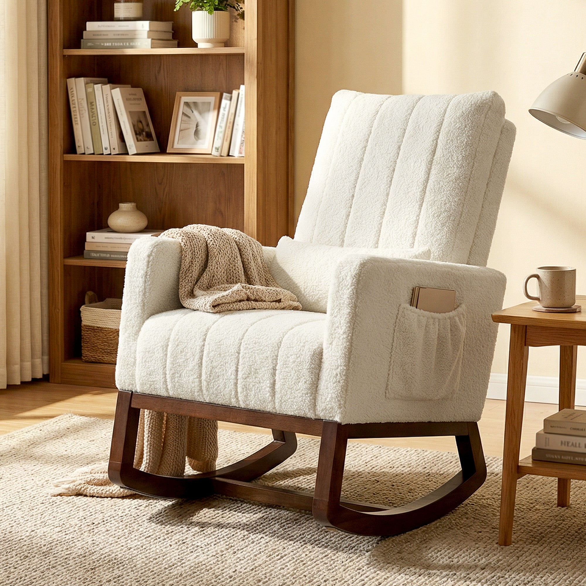 Rocking Chair for Adults, Snow Flannel Upholstered Accent Armchair with Lumbar Pillow, High Back, Wood Base, Side Pockets, Leisure Rocker Lounge Chair for Living Room, Bedroom, Cream White