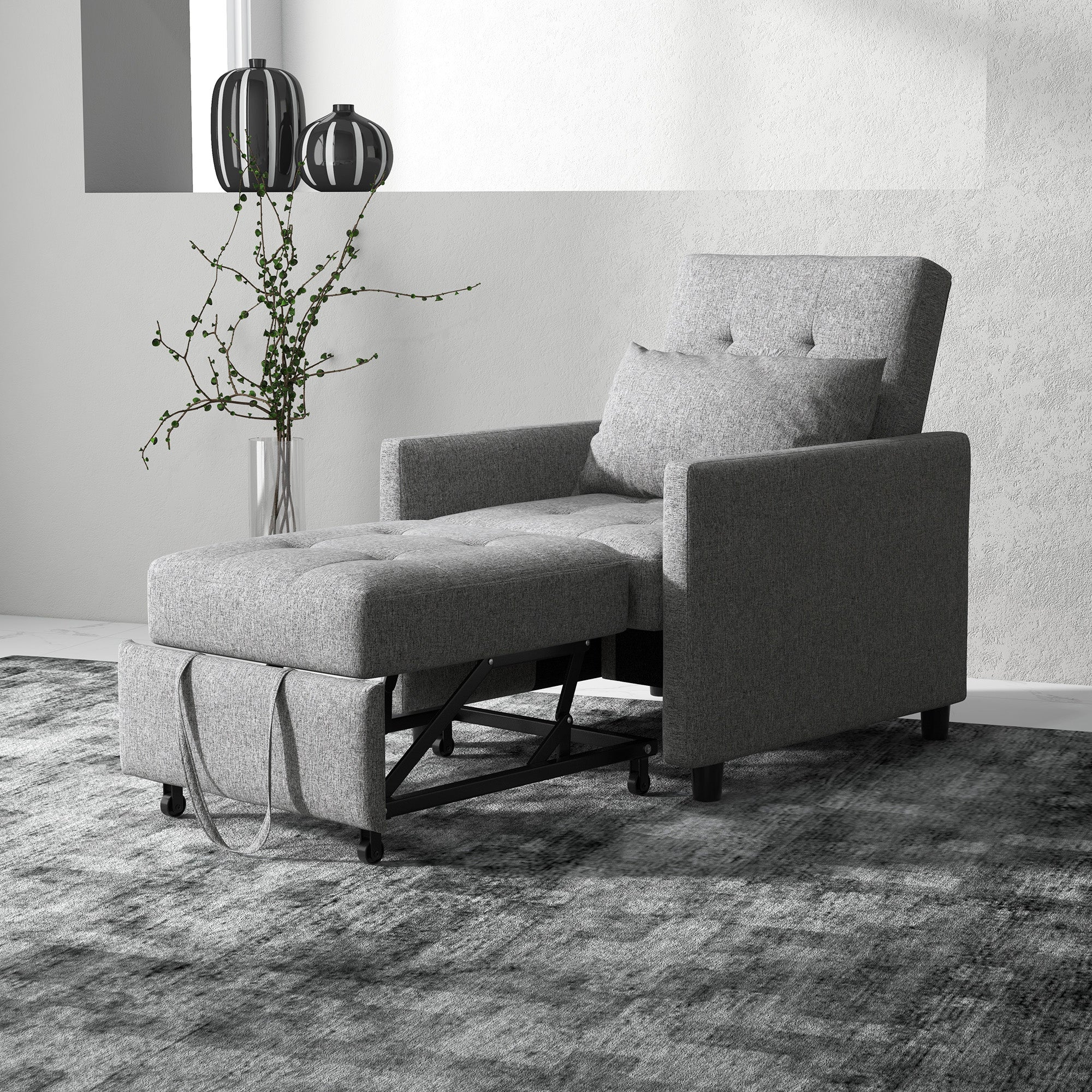 HOMCOM 3-In-1 Single Chair Bed, Tufted Pull Out Chair Bed, Convertible Sleeper Couch with Adjustable Backrest for Living Room and Bedroom, Grey