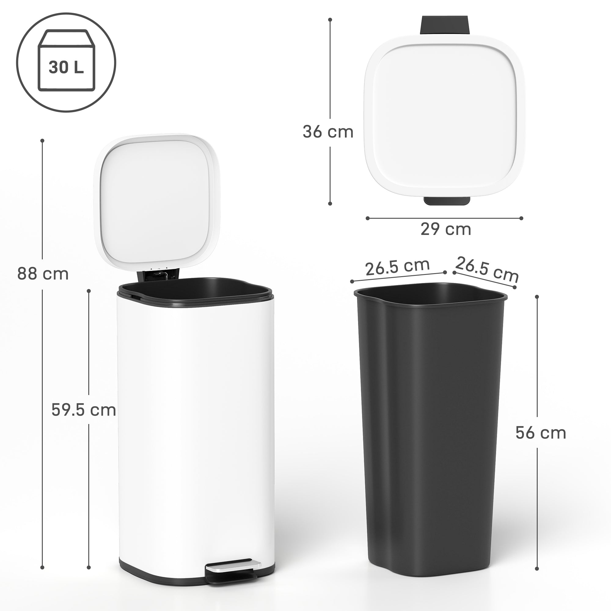 30L Kitchen Bin with Lid, Compact Pedal Bin with Soft-Close and Stay-Open Lid, Removable Inner Bucket, Fingerprint-Resistant for Kitchen, Home, Office, Bedroom, White