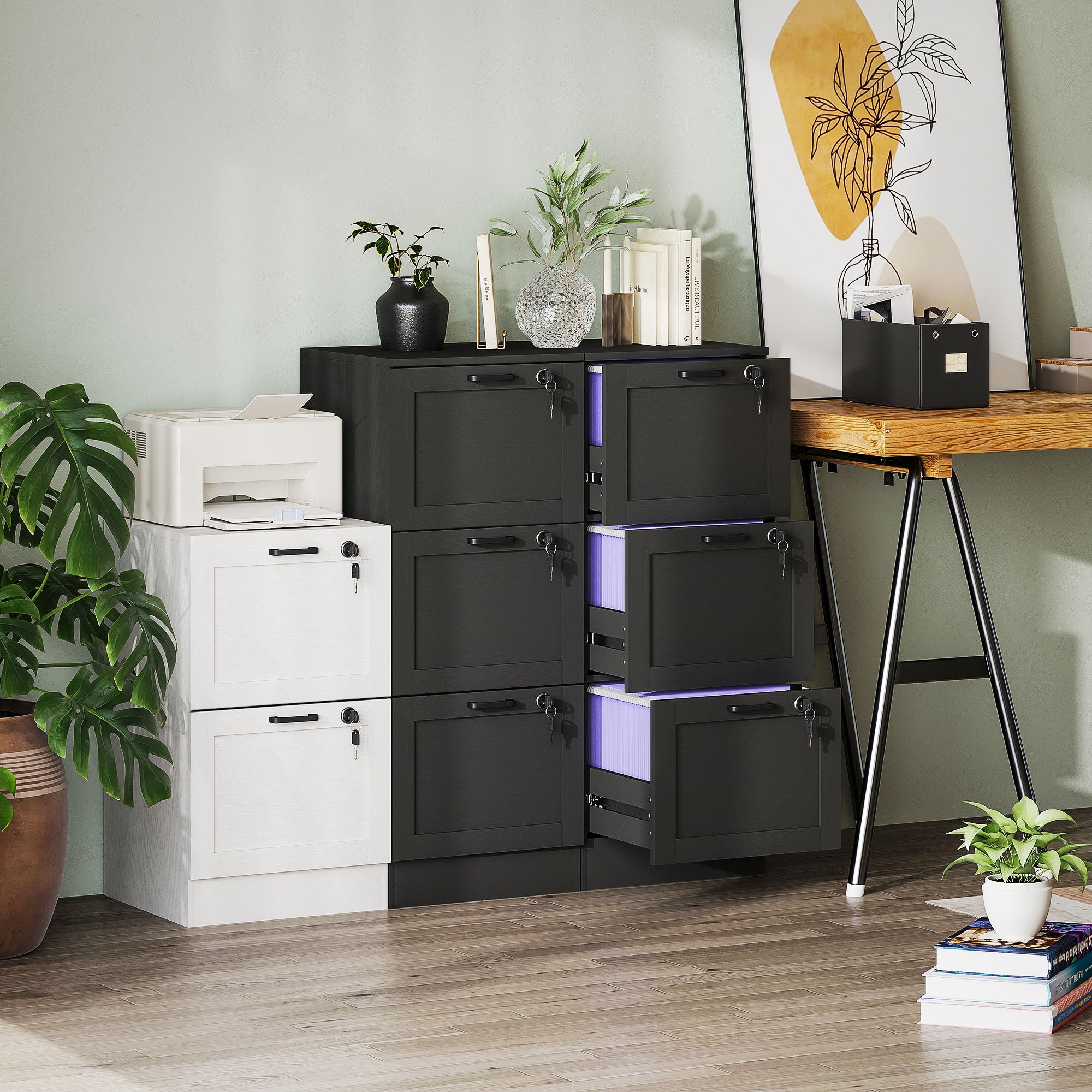 3 Drawer File Cabinet with Lock, Vertical Filing Cabinet with Adjustable Hanging Bars for A4 and Letter Size File Folders, Printer Stand with Storage, Black