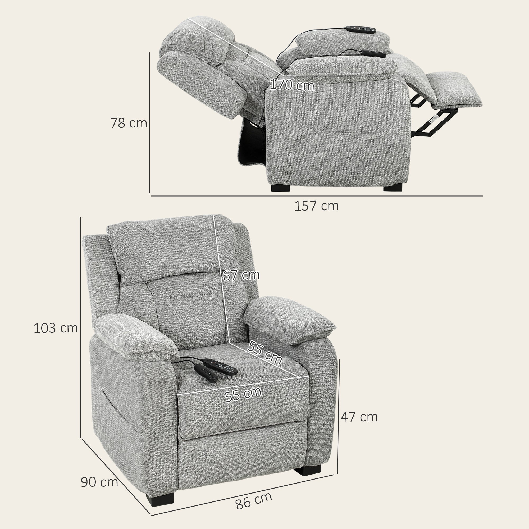 Power Recliner Armchair with Massage and Heat, Velvet-Feel Fabric Quiet Electric Reclining Chair with Wide Spring Seat, Memory Function, High Back, Headrest, USB Port, Side Pockets, Light Grey