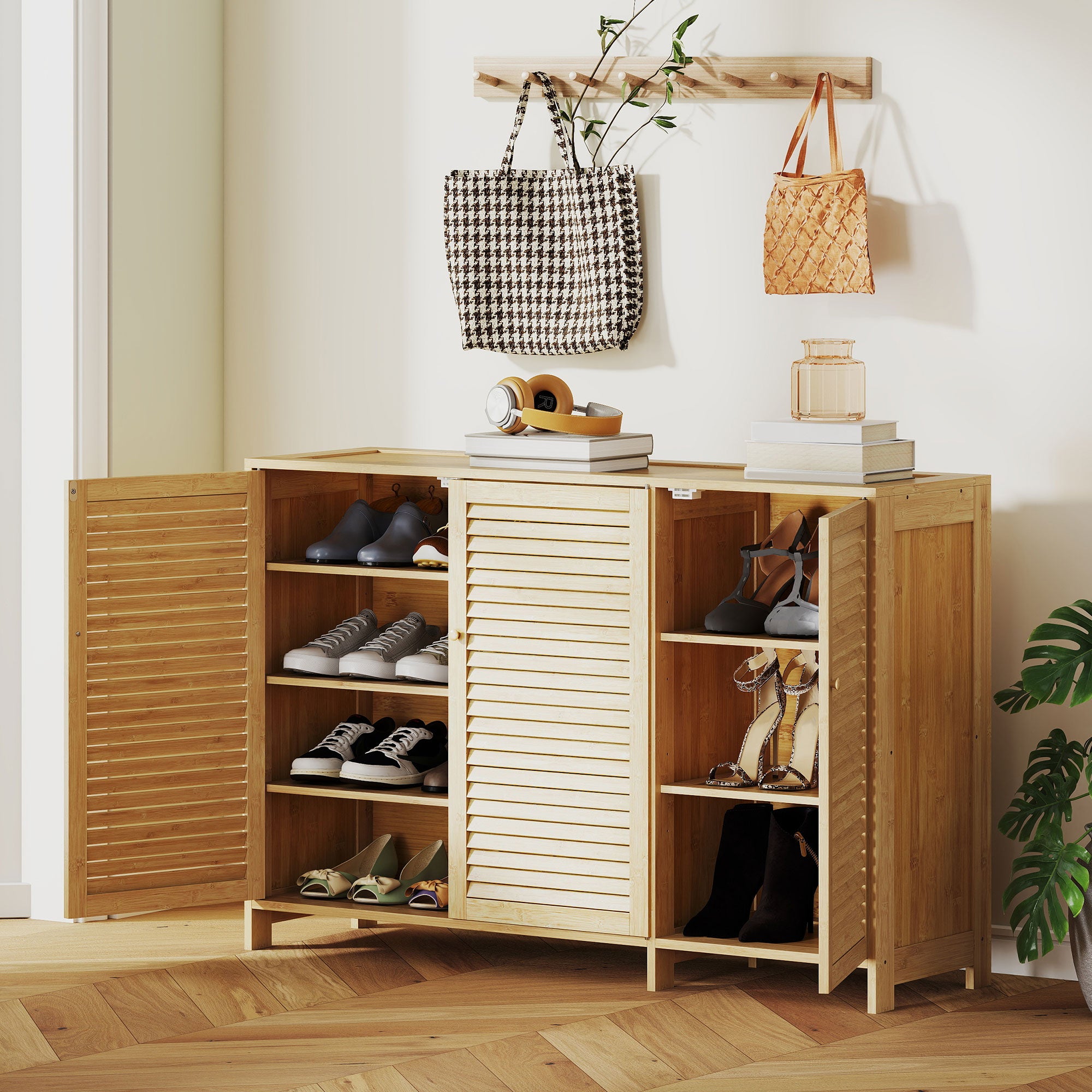 Bamboo Shoe Cabinet with Louvered Doors, Shoe Storage Cabinet with Adjustable Shelves, 18 Pairs Footwear Cupboard for Hallway, Entryway, 120 x 35 x 80 cm, Natural Wood Finish