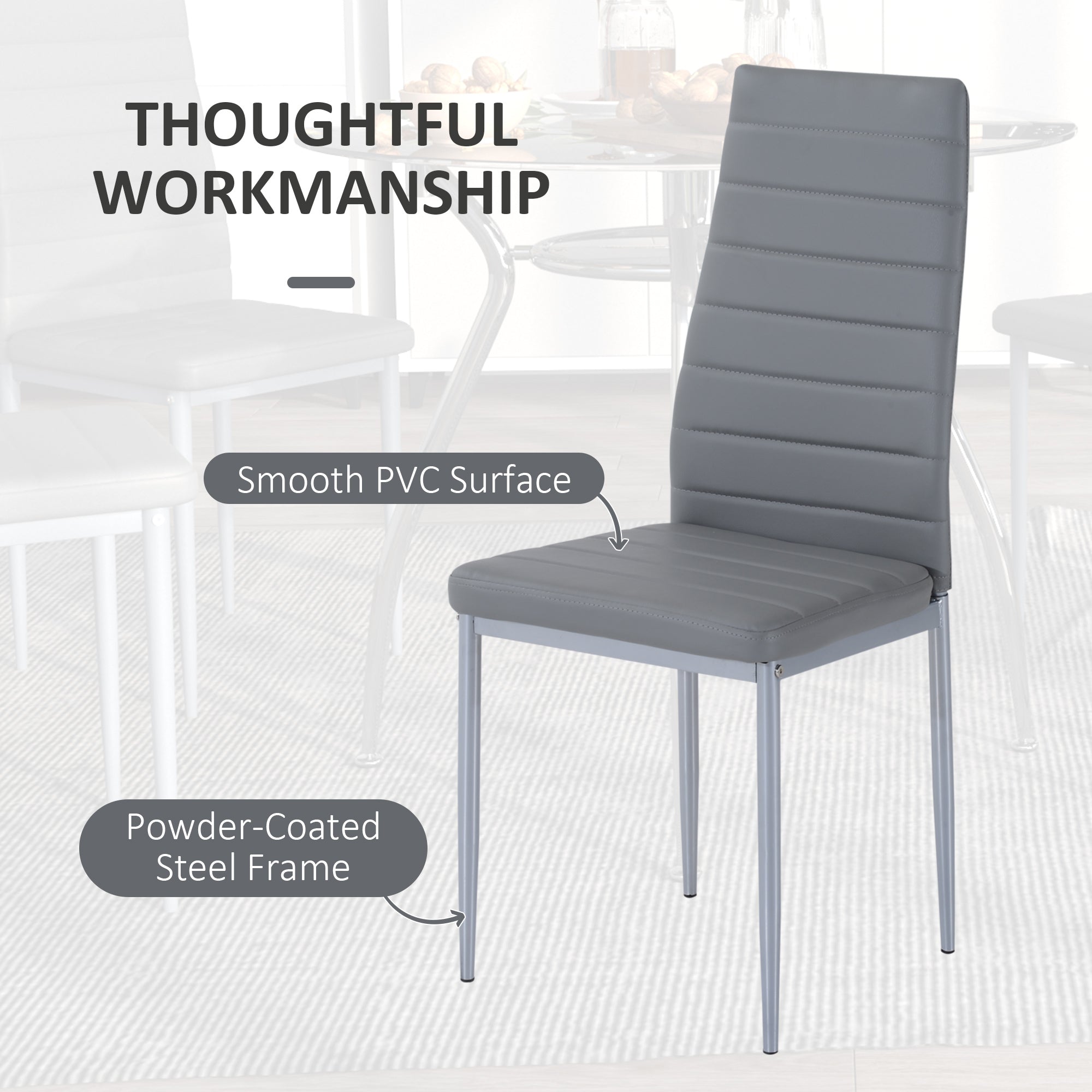 HOMCOM Dining Table and Chairs Set for 4, 5 Piece Round Kitchen Table and Chairs with Glass Top, Shelf and High Back, Space-Saving Table and Upholstered Chairs for Small Spaces, Grey