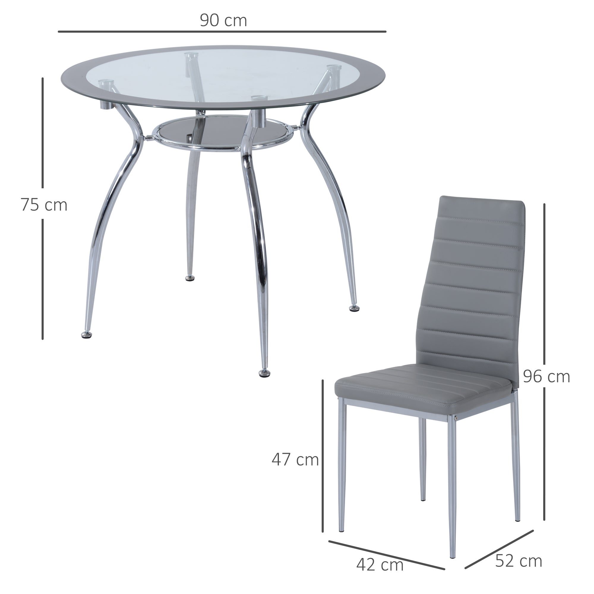 HOMCOM Dining Table and Chairs Set for 4, 5 Piece Round Kitchen Table and Chairs with Glass Top, Shelf and High Back, Space-Saving Table and Upholstered Chairs for Small Spaces, Grey