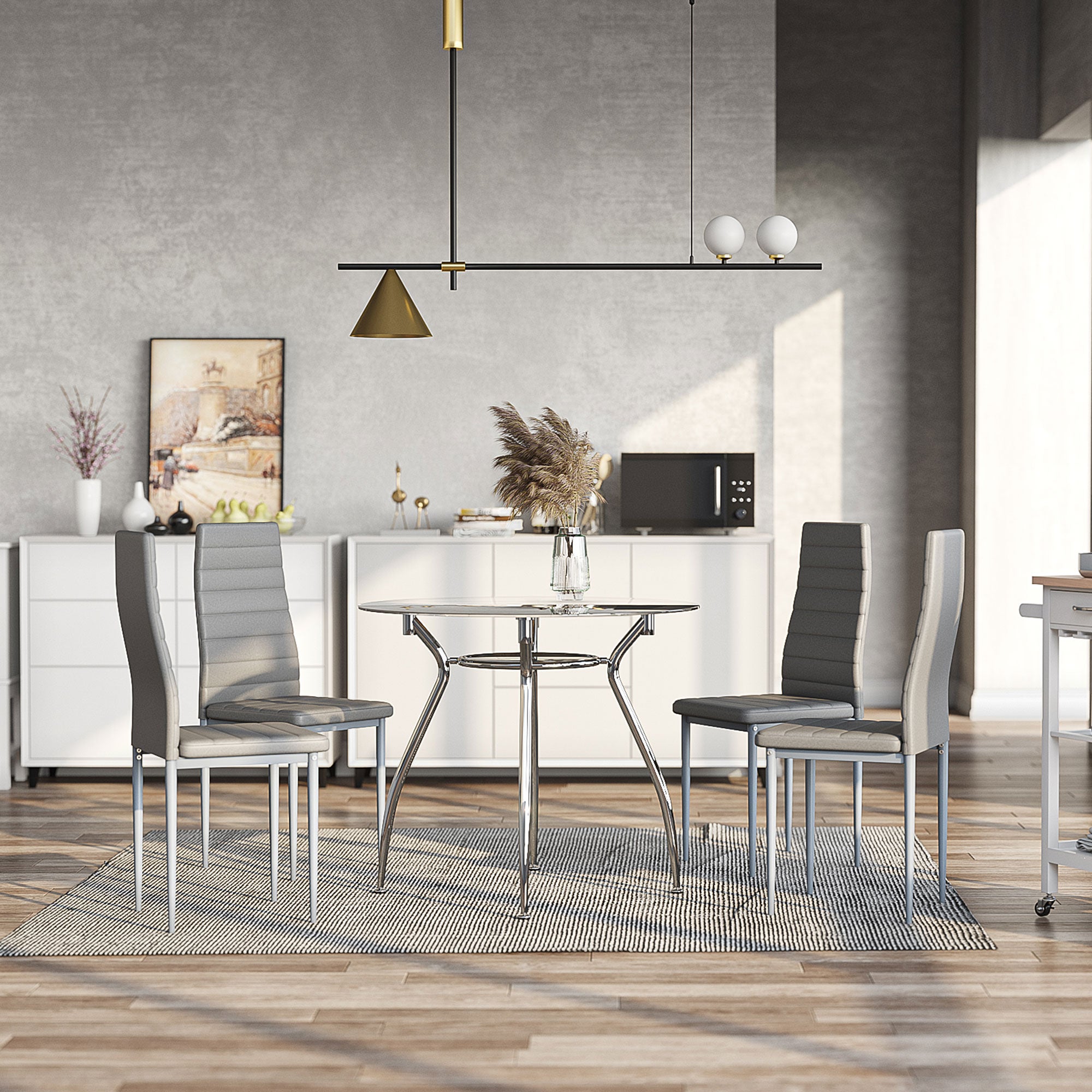 HOMCOM Dining Table and Chairs Set for 4, 5 Piece Round Kitchen Table and Chairs with Glass Top, Shelf and High Back, Space-Saving Table and Upholstered Chairs for Small Spaces, Grey