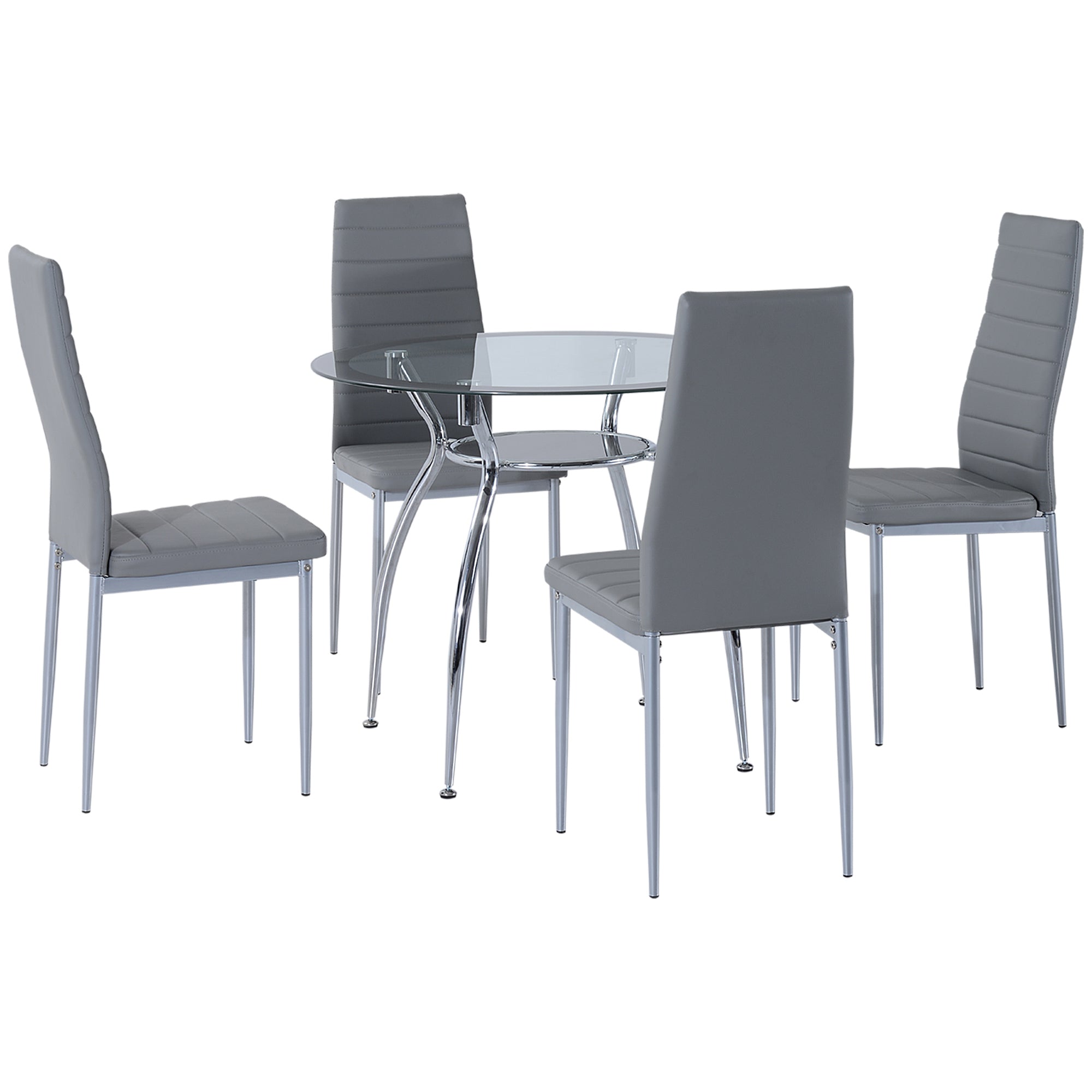 HOMCOM Dining Table and Chairs Set for 4, 5 Piece Round Kitchen Table and Chairs with Glass Top, Shelf and High Back, Space-Saving Table and Upholstered Chairs for Small Spaces, Grey