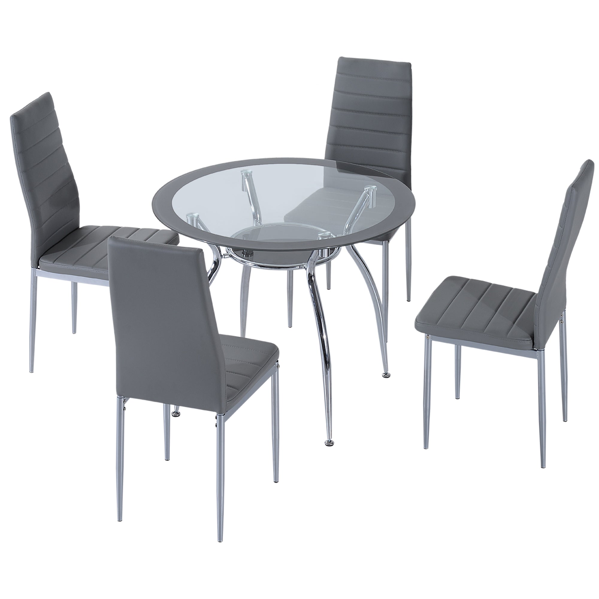 HOMCOM Dining Table and Chairs Set for 4, 5 Piece Round Kitchen Table and Chairs with Glass Top, Shelf and High Back, Space-Saving Table and Upholstered Chairs for Small Spaces, Grey