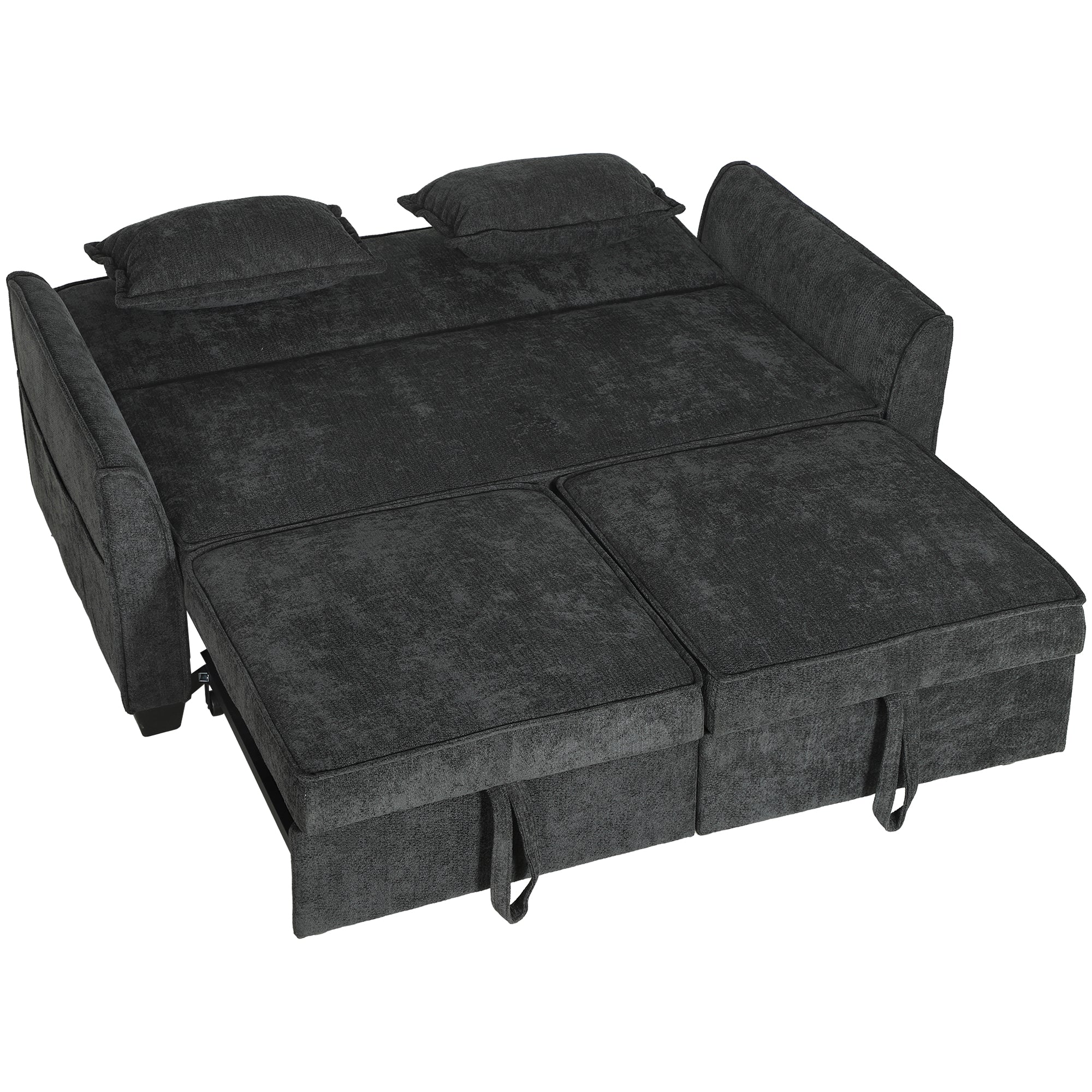 2 Seater Sofa Bed, 4-in-1 L Shaped Convertible Pull Out Sleeper Sofa with Adjustable Backrest, Chenille Loveseat with 2 Pillows, Wide Deep Seat, Side Pockets for Living Room, Black