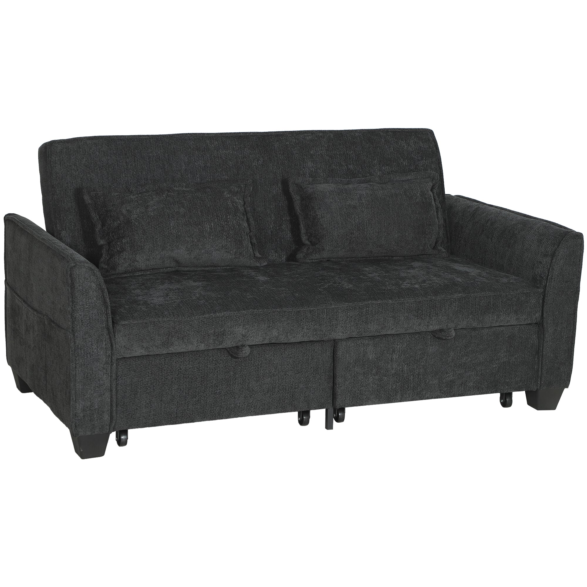 2 Seater Sofa Bed, 4-in-1 L Shaped Convertible Pull Out Sleeper Sofa with Adjustable Backrest, Chenille Loveseat with 2 Pillows, Wide Deep Seat, Side Pockets for Living Room, Black