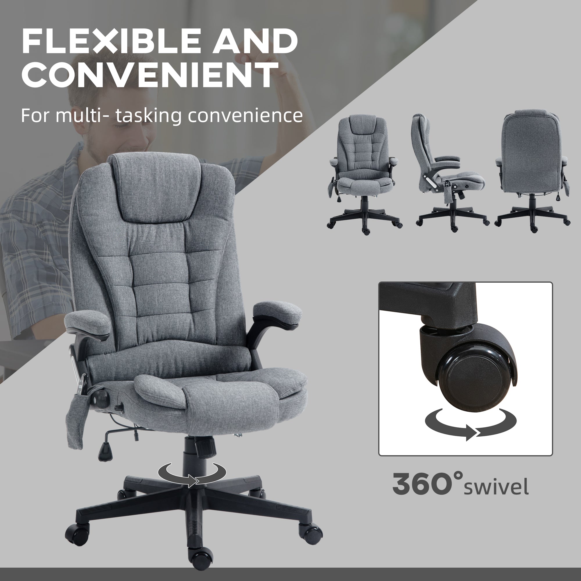 6 Points Heated Massage Office Chair, Linen High Back Executive Office Chair, Gray