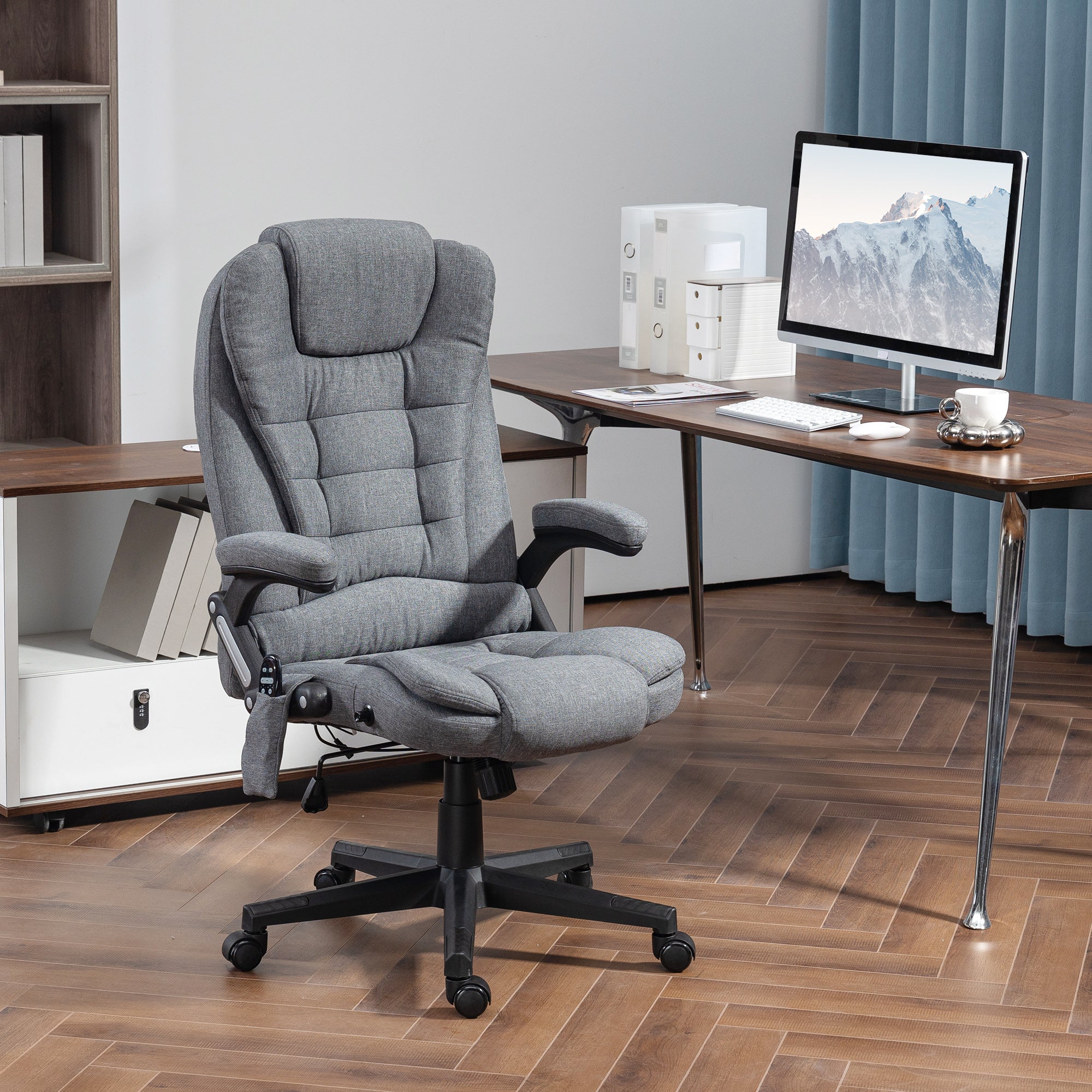 6 Points Heated Massage Office Chair, Linen High Back Executive Office Chair, Gray