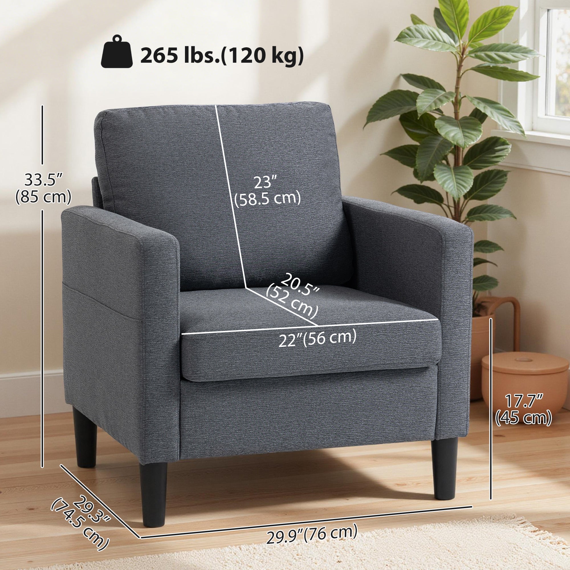 Linen-Feel Fabric Accent Chair, Modern Armchair, Living Room Chair with Armrests and Thick Padded Seat, Upholstered Single Sofa for Living Room, Bedroom, Study, Dark Grey