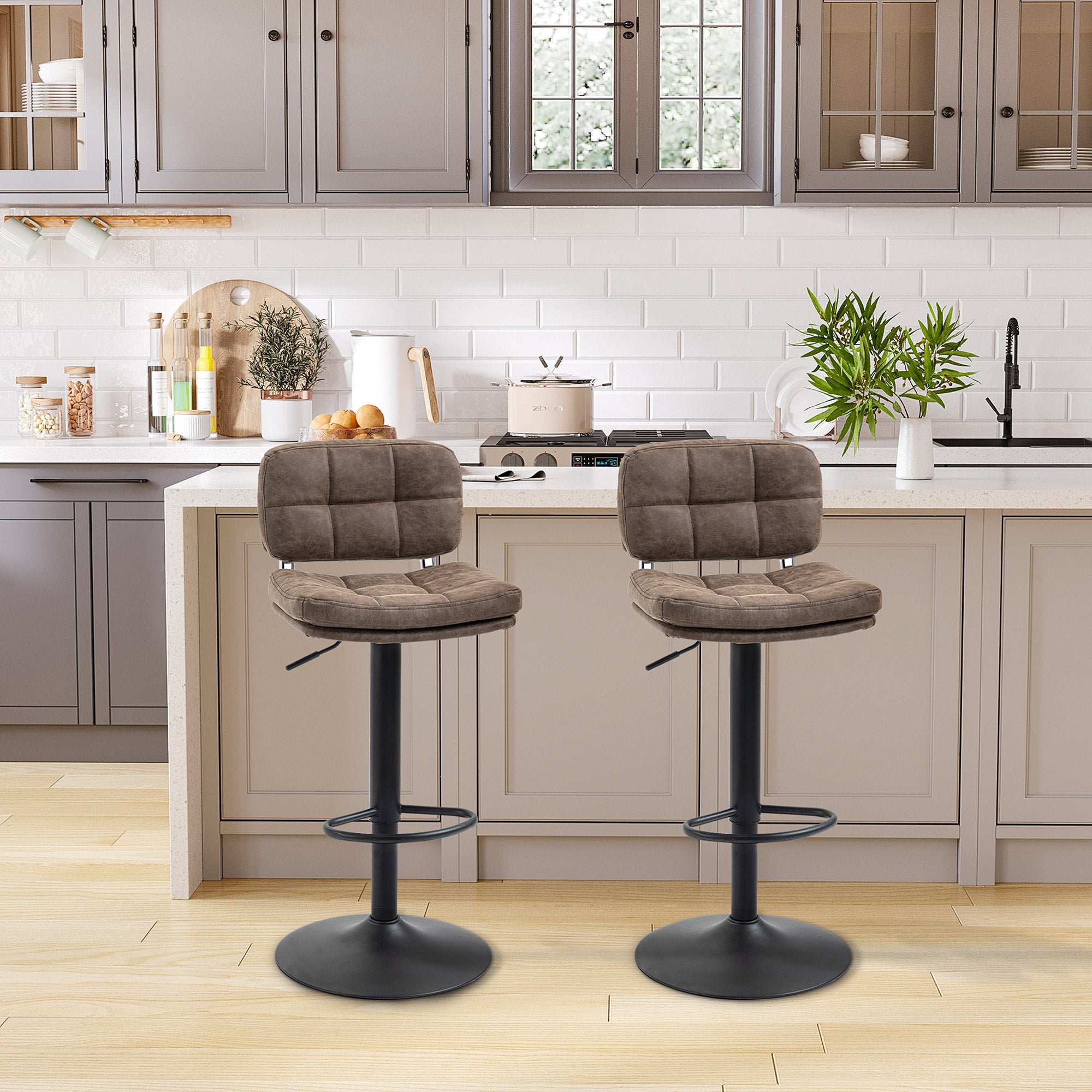 Bar Stools Set of 2, Swivel Counter Height Barstools with Adjustable Height, Back and Footrest, PU Leather Upholstered Bar Chairs for Home Kitchen Island, Brown and Black